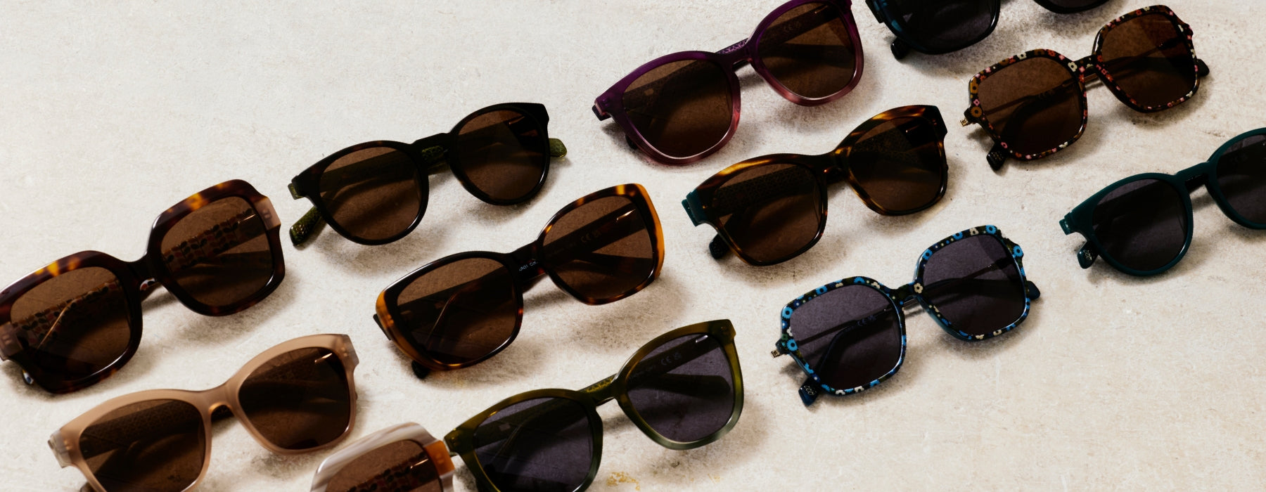 three rows of Orla Kiely women's designer sunglasses