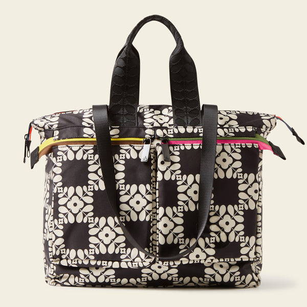 Axis Tote Bag in Lattice Flower Tile Onyx pattern by Orla Kiely