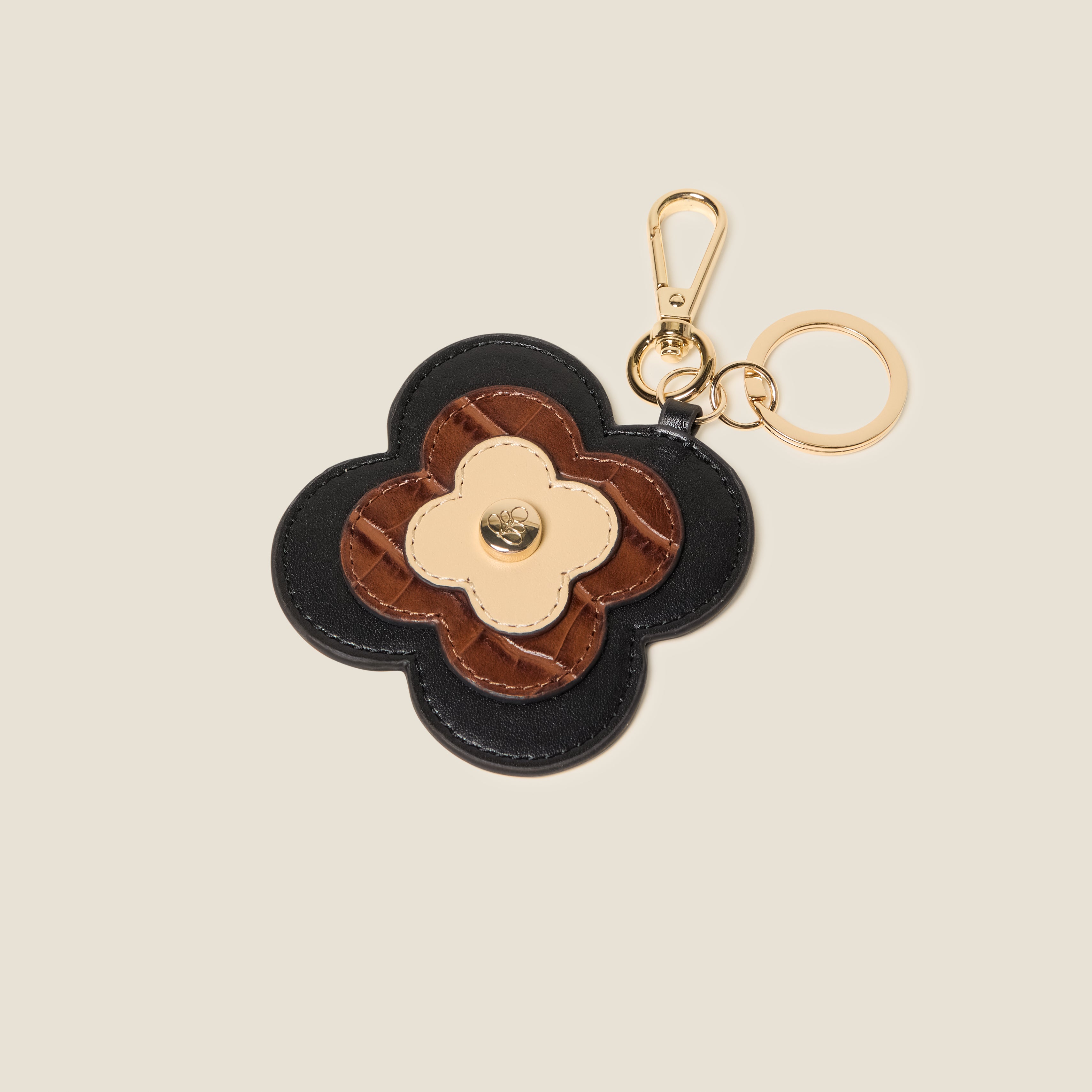 Layered Flower Leather Key Ring - Flower Applique Black