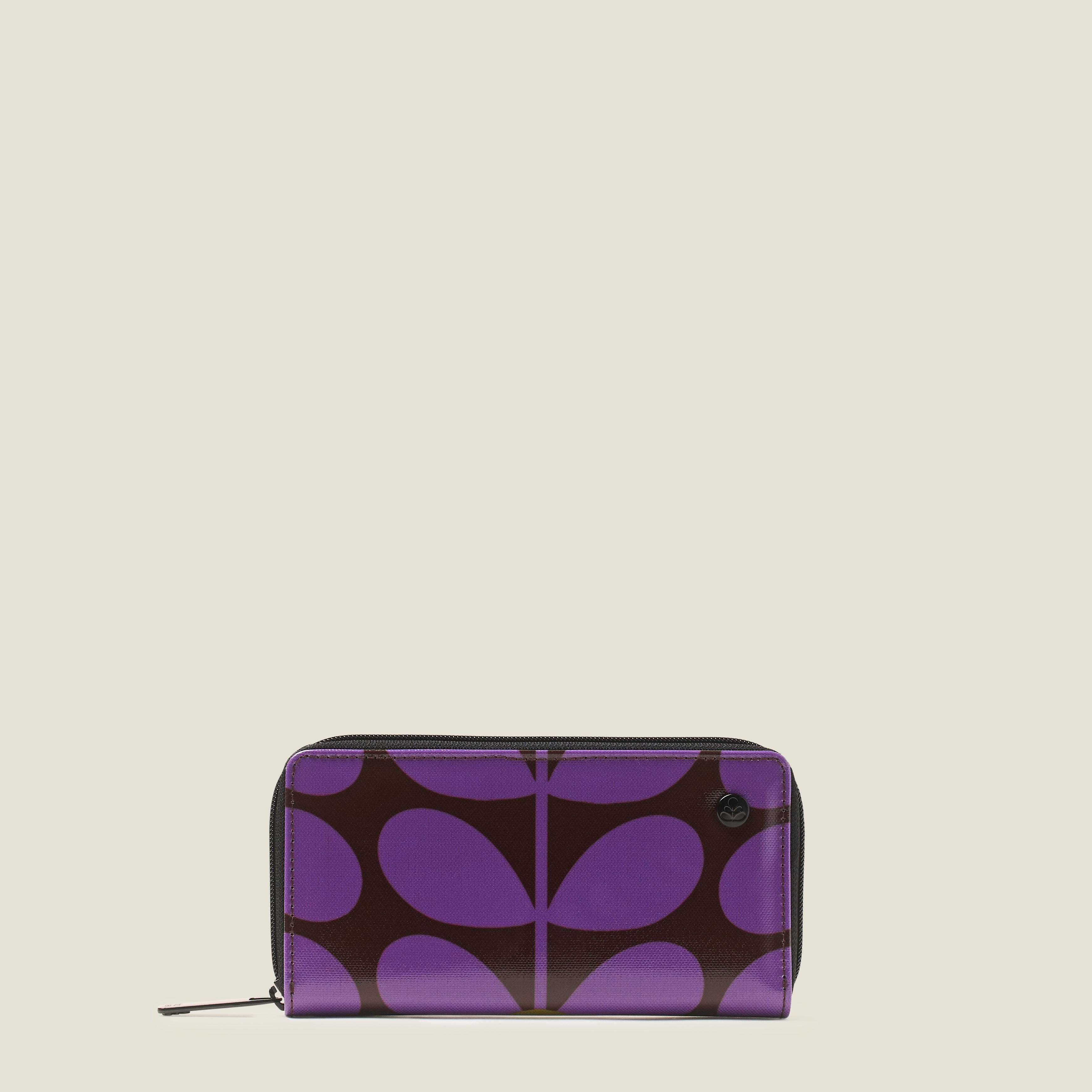 Back view of a retro print Forget Me Not Wallet in purple and brown with zip closure.