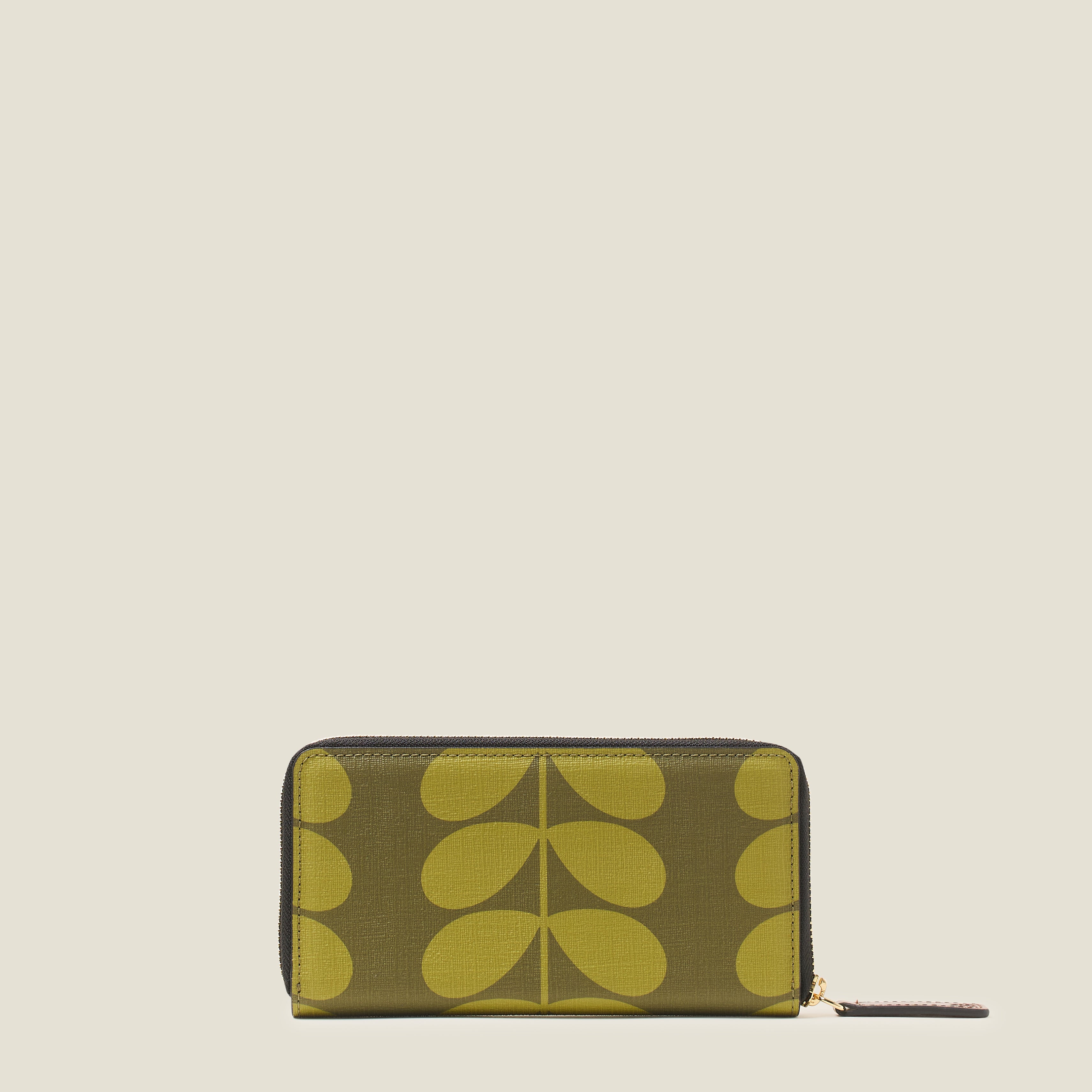 Back view of the Orla Kiely Forget Me Not Wallet in olive green stem print, with zip closure and pink leather trims.