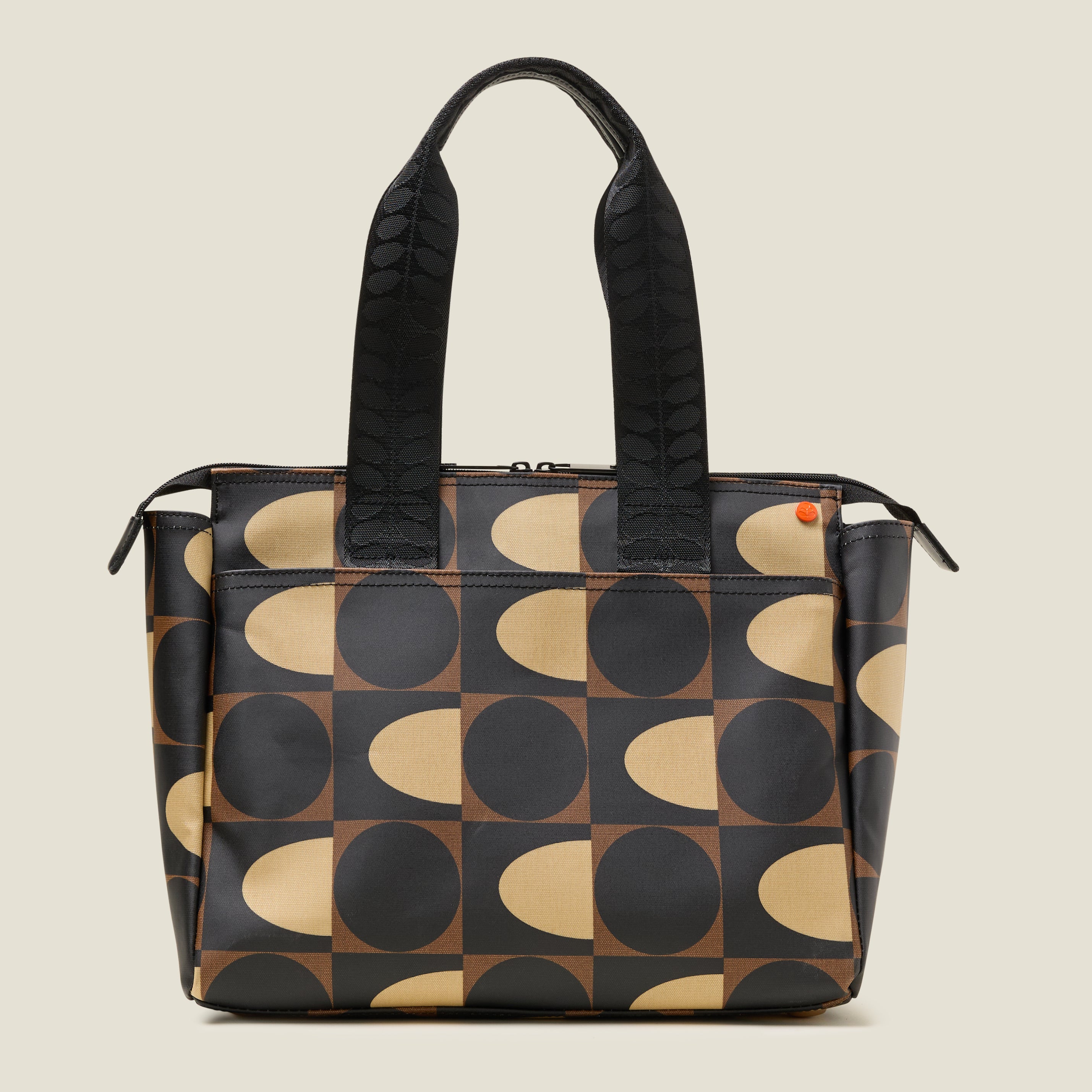 Brown, black and cream patterned tote bag with branded grab handles