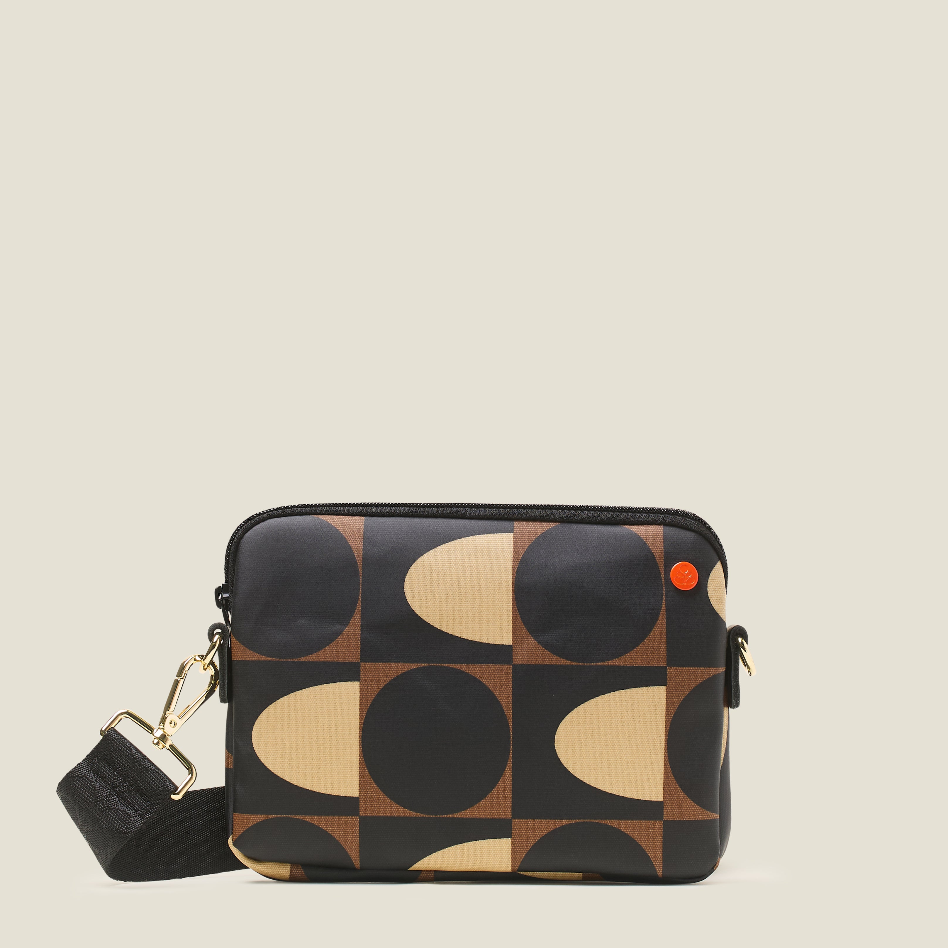 Front view of the Slim Crossbody Bag in a brown, cream and black coated cotton with detachable shoulder strap.