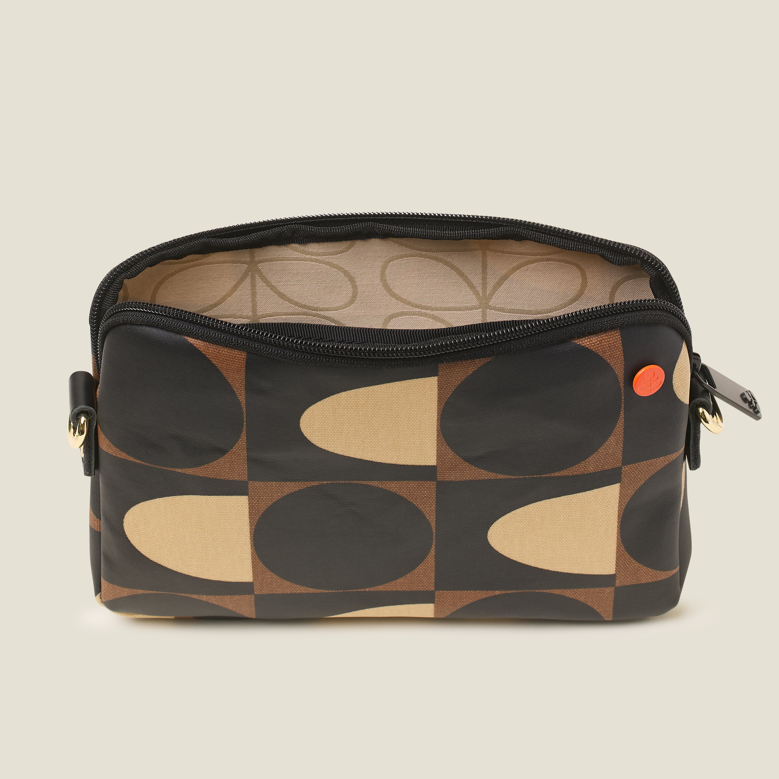 Top view of the Slim Crossbody Bag in a brown, cream and black coated cotton as a clutch bag with no strap.
