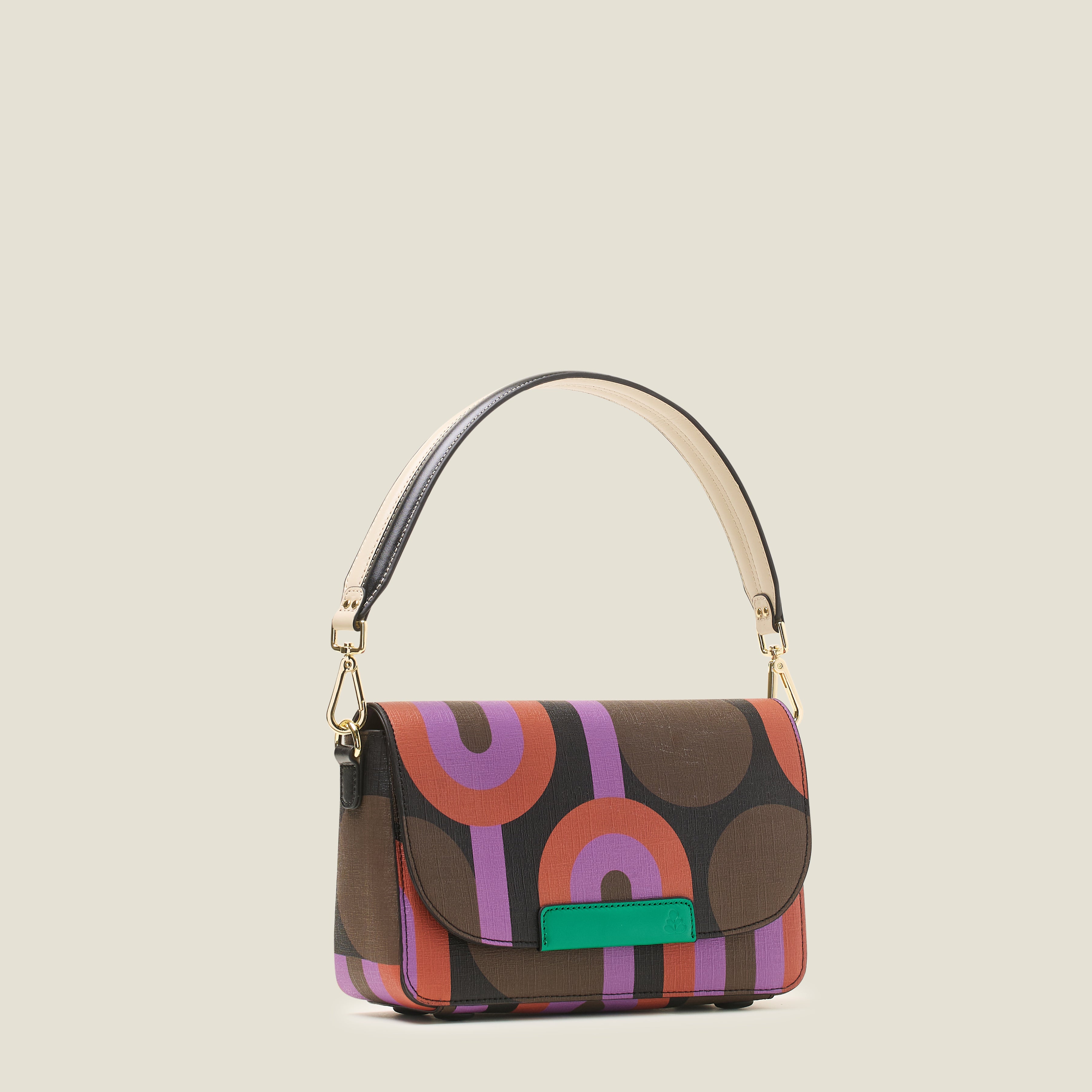 Women's colourful handbag with abstract pattern and shoulder strap.