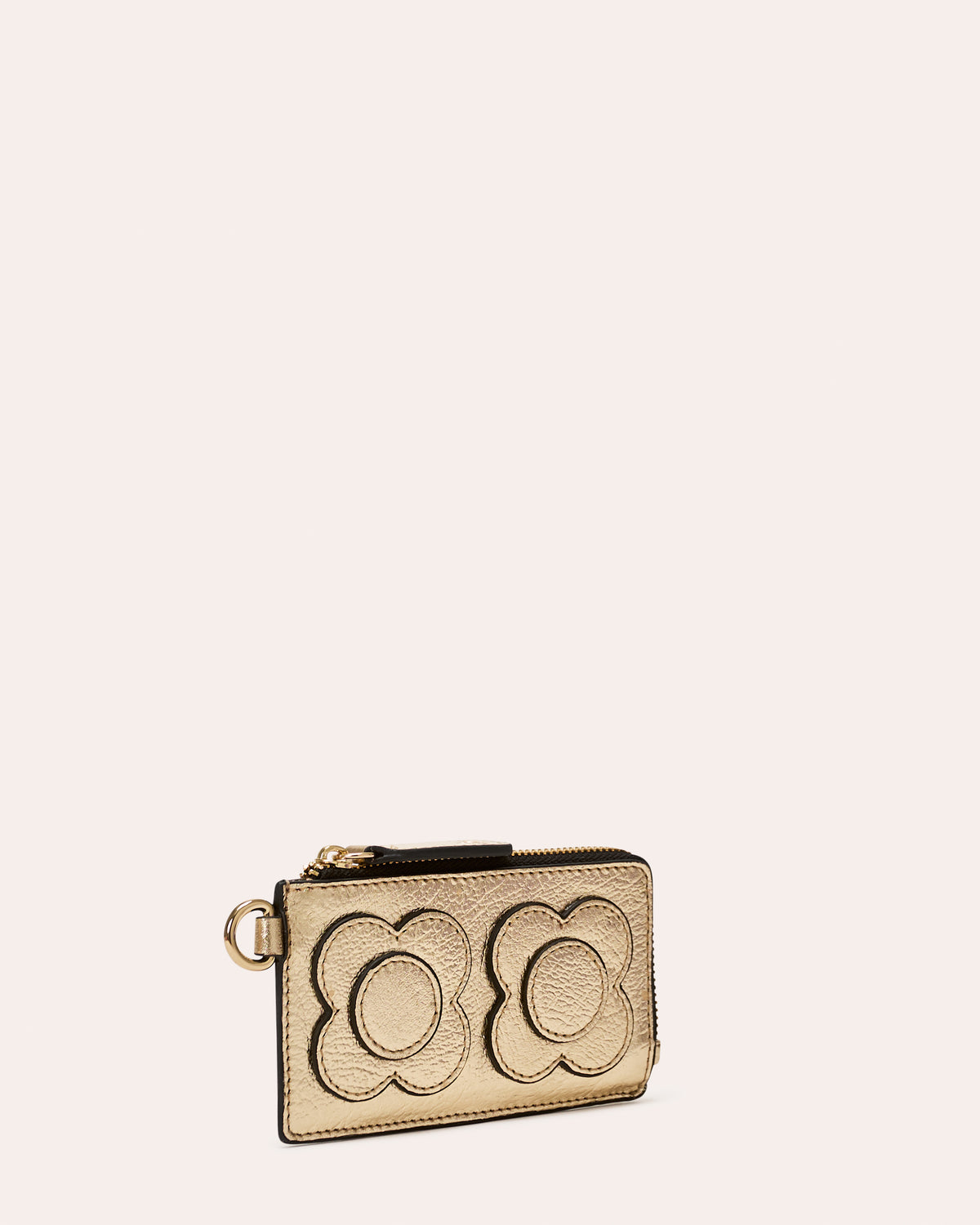 Frieda Leather Card Purse - Flower Applique Gold Metallic Leather