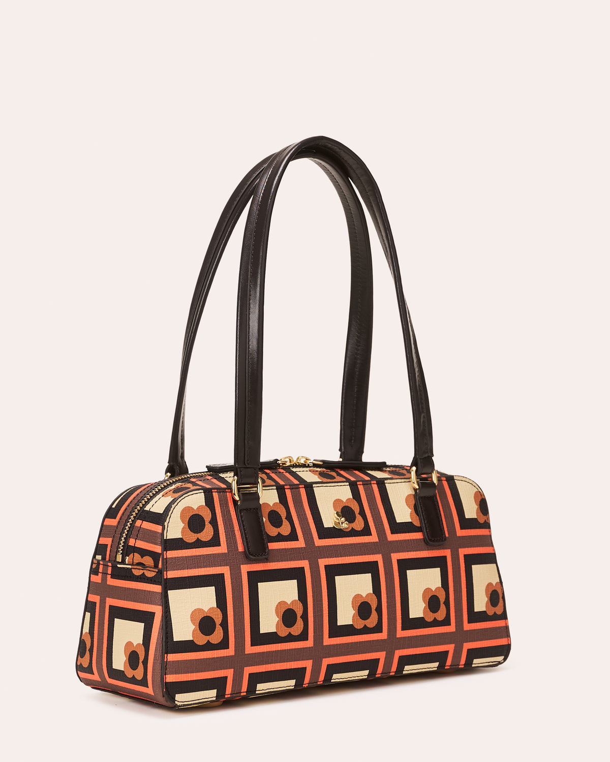 Long Block Bowling Bag - Retro Flower Check Orange
