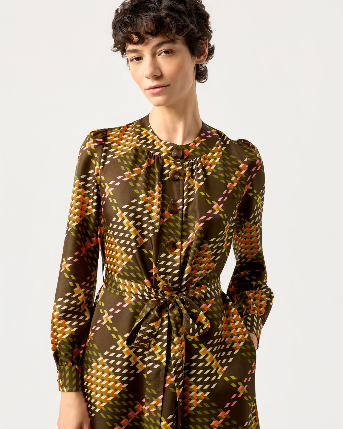 Dora Silk Dress - Cubic Check Cocoa