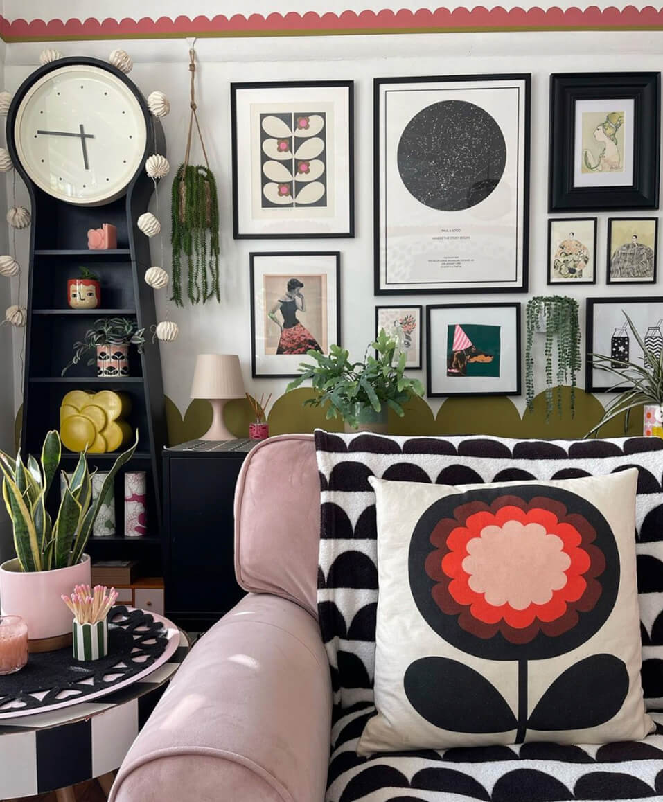 Photo of customer's living room featuring an Orla Kiely cushion and print