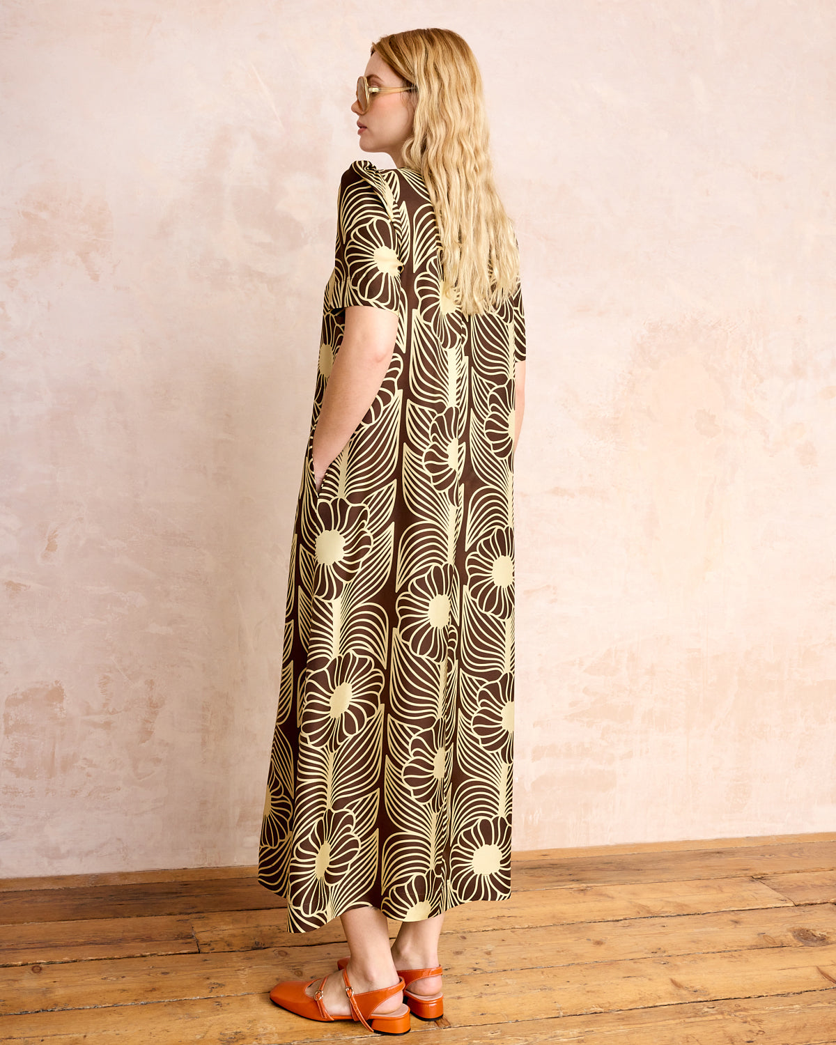 Orla Short Sleeve Belted Silk Dress Moonflower Walnut
