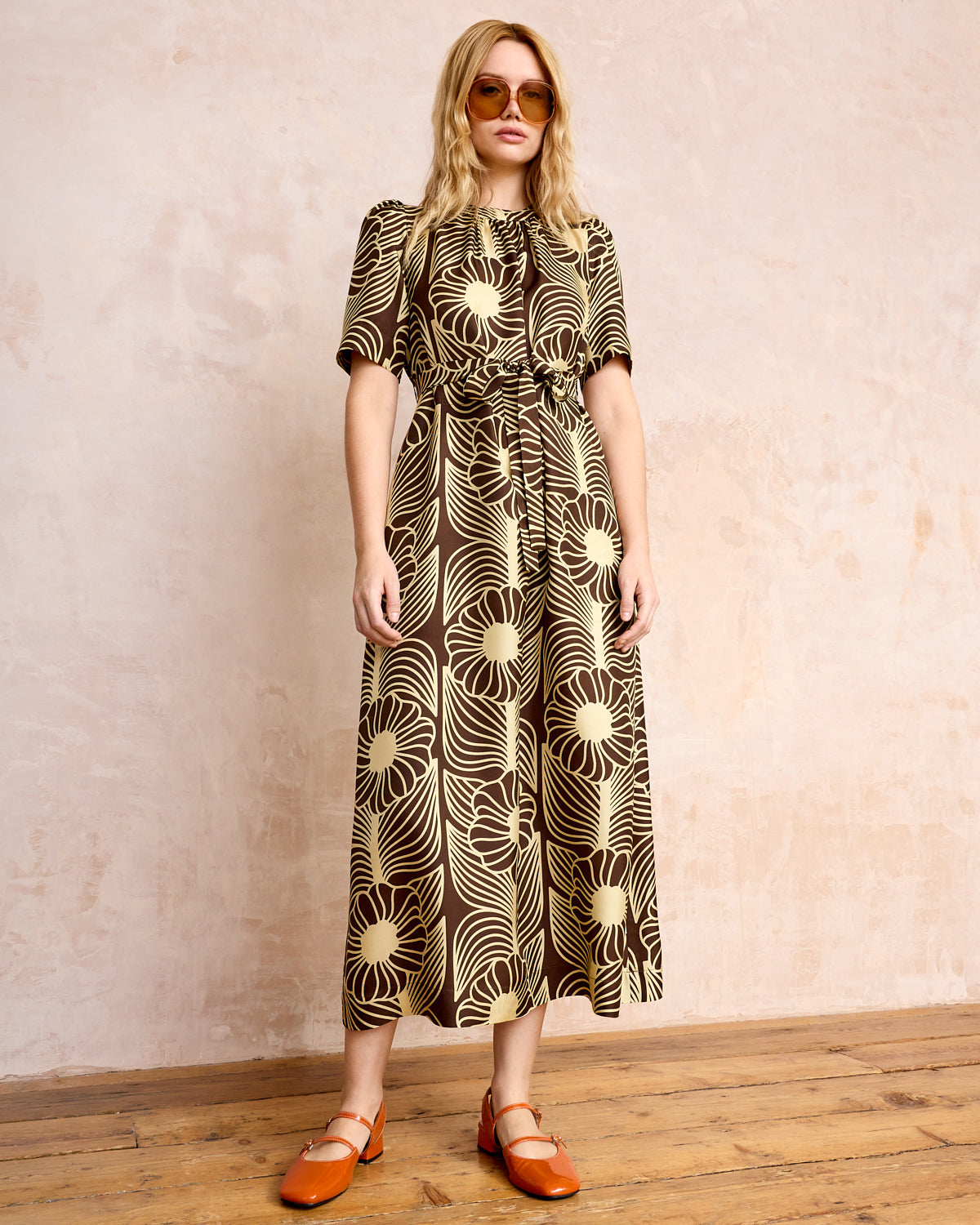 Orla Short Sleeve Belted Silk Dress Moonflower Walnut