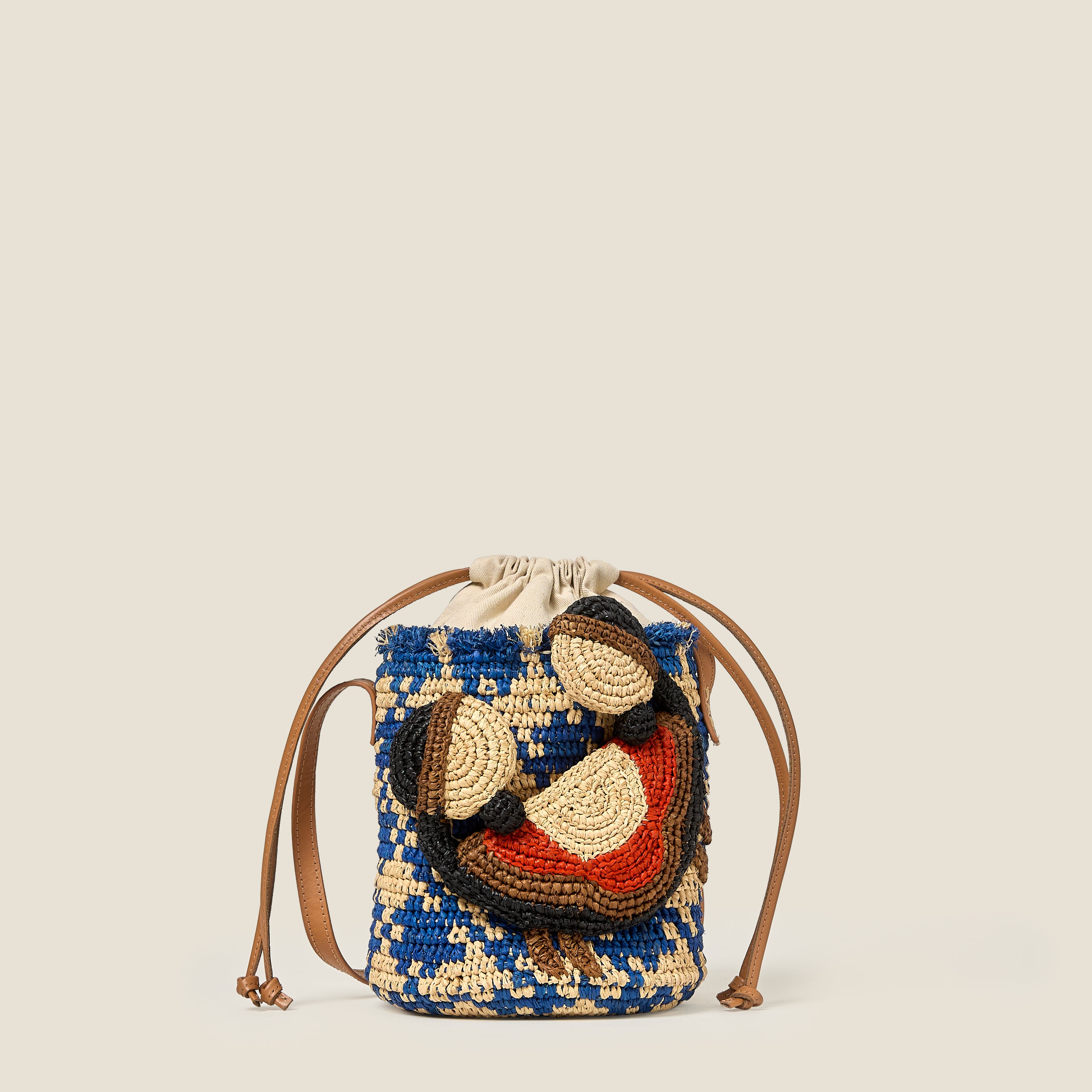 Crab and Houndstooth Raffia Bucket Bag - Sea Blue