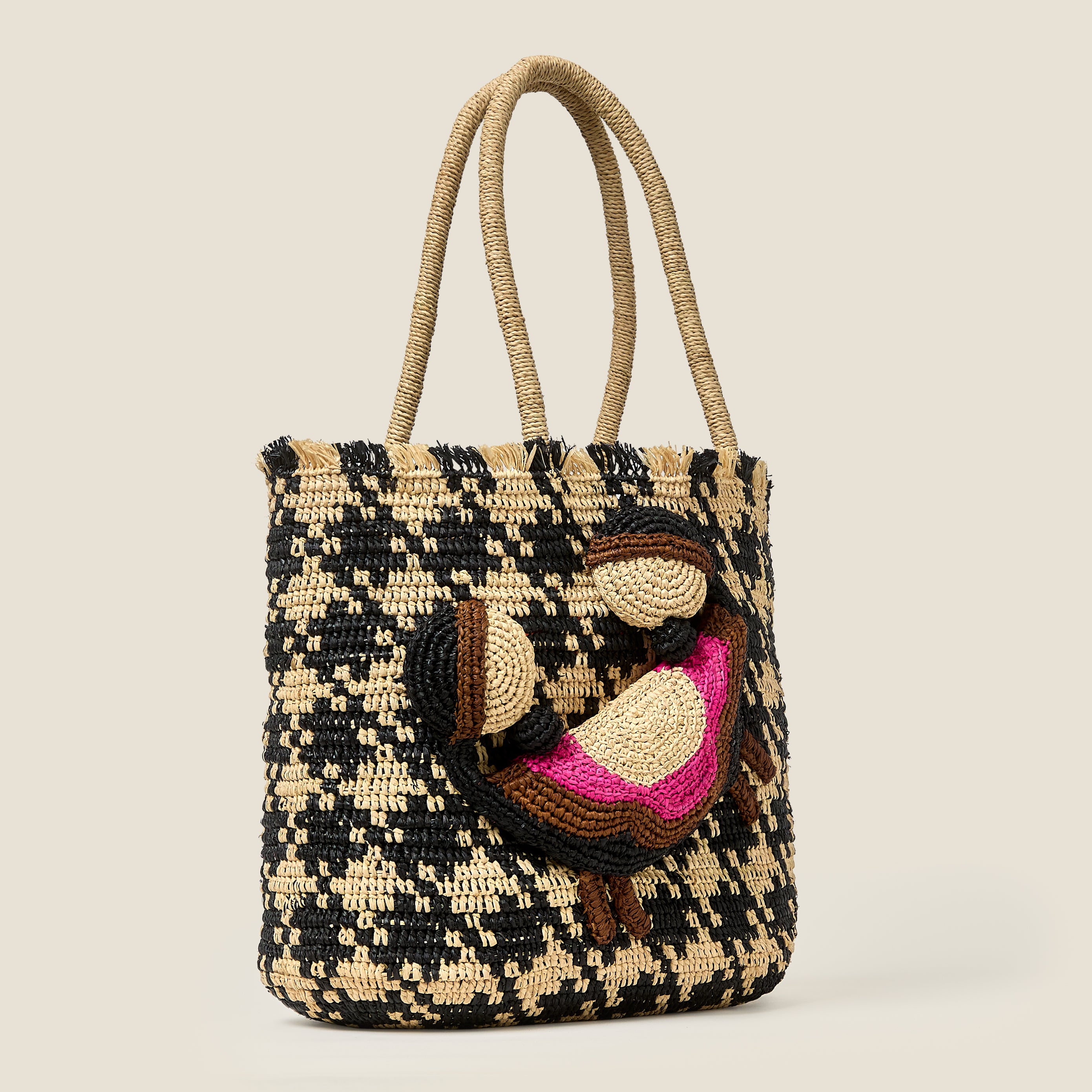 Crab and Houndstooth Raffia Tote Bag - Monochrome