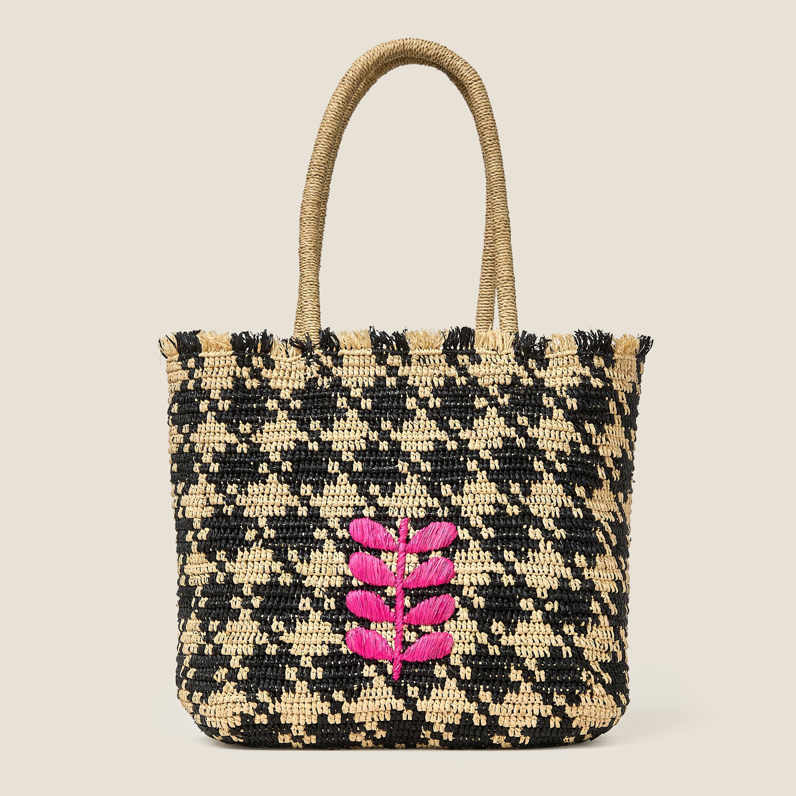 Crab and Houndstooth Raffia Tote Bag - Monochrome