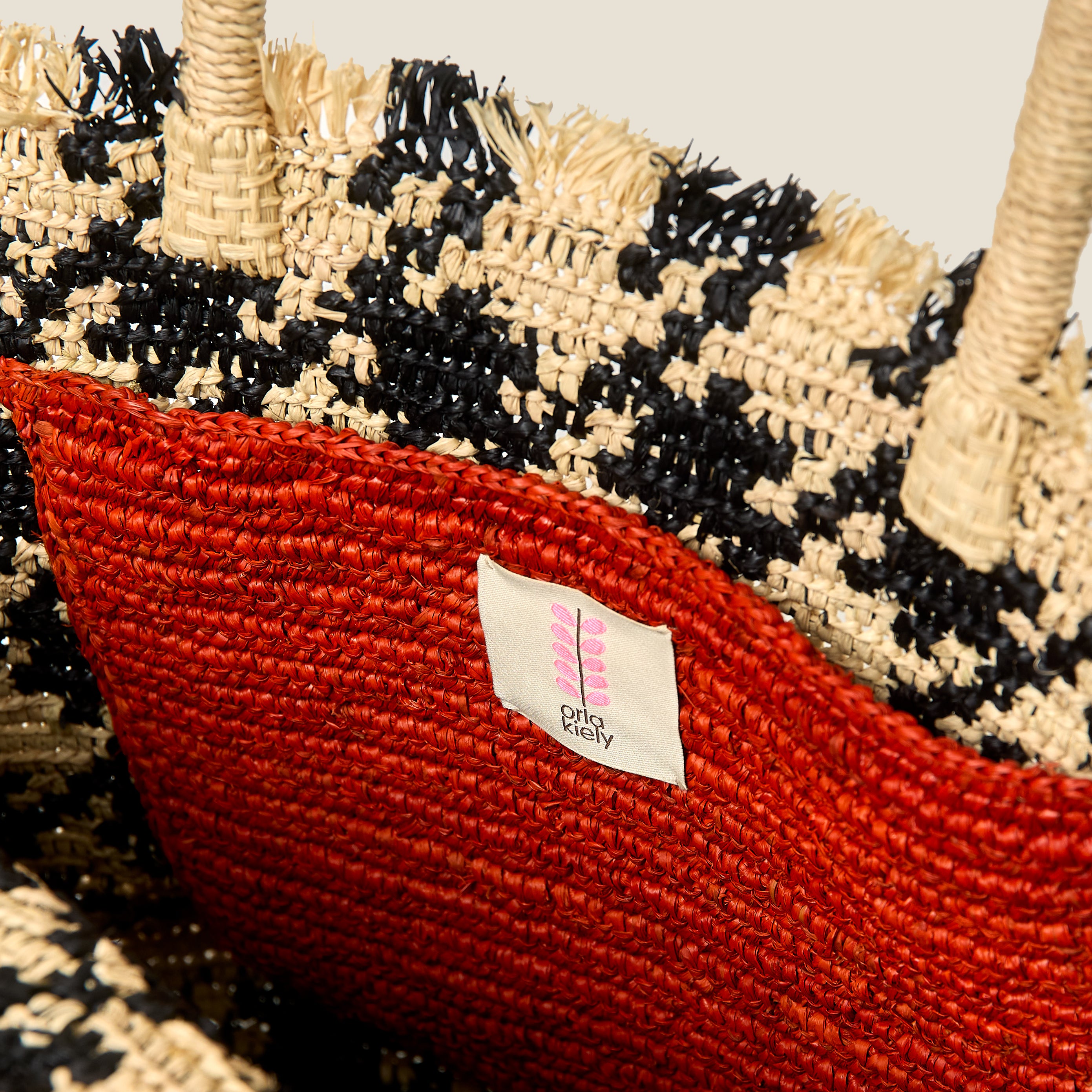 Crab and Houndstooth Raffia Tote Bag - Monochrome