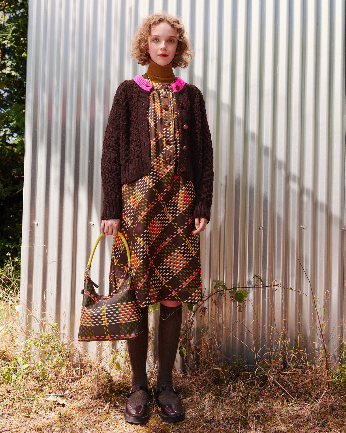 Dora Silk Dress - Cubic Check Cocoa