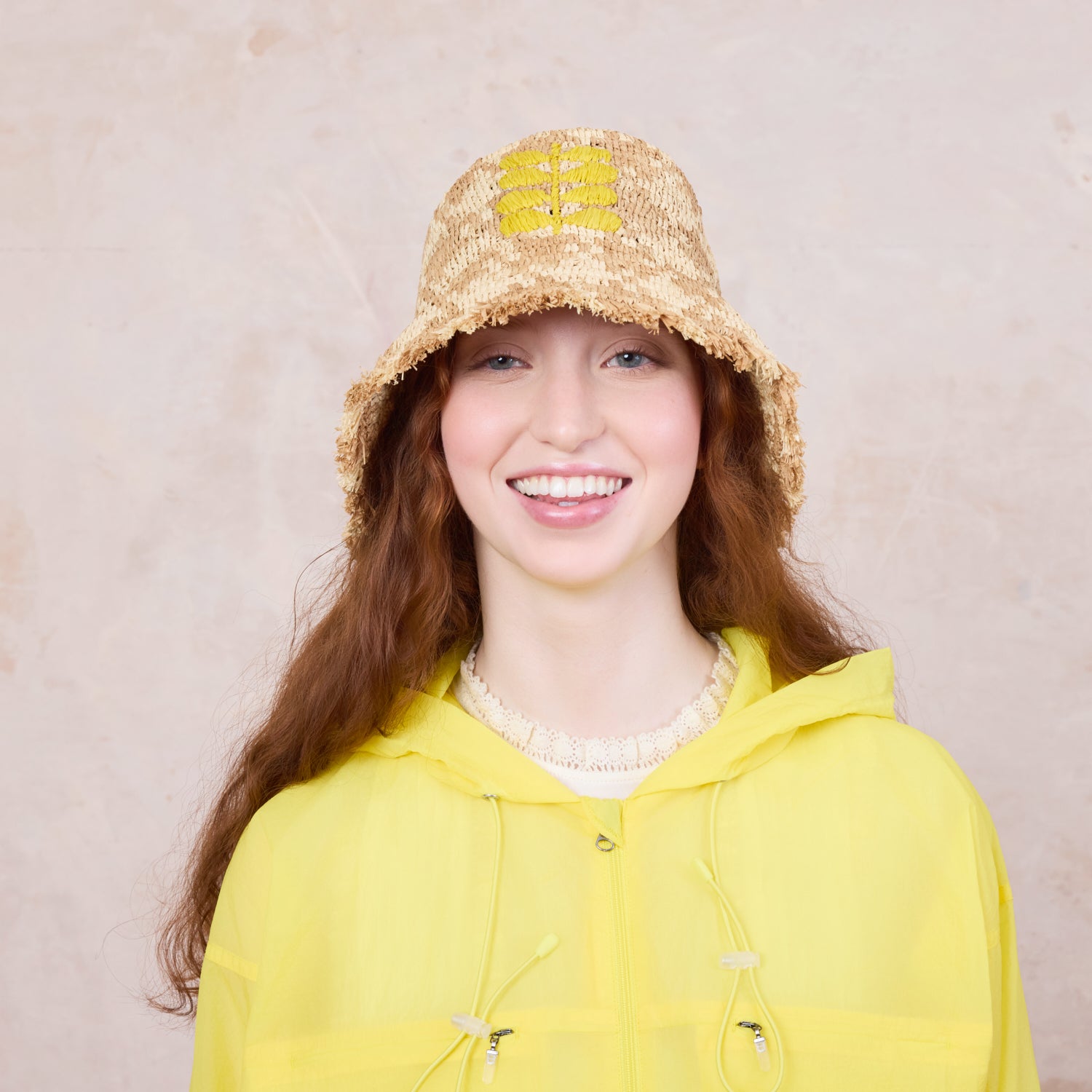 Houndstooth Raffia Bucket Hat - Natural