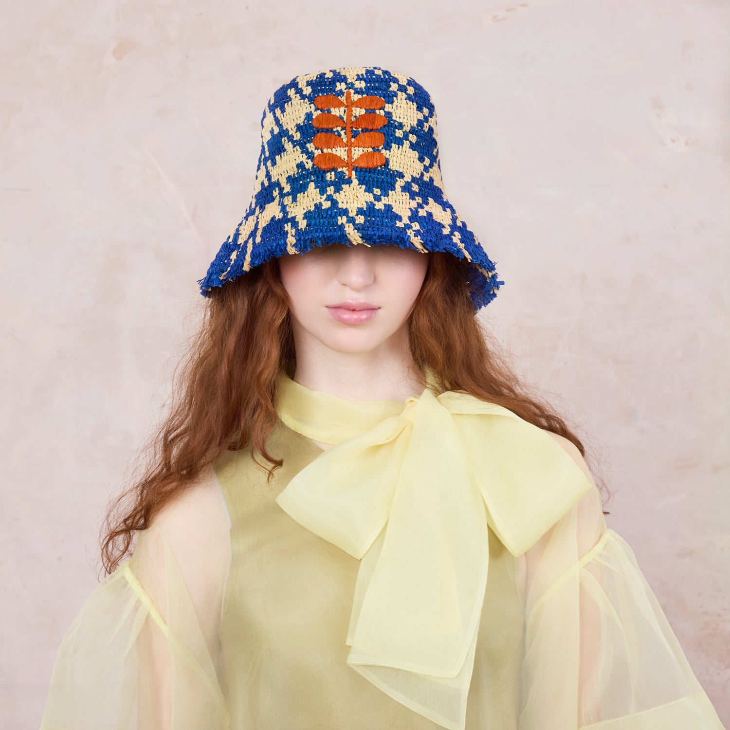 Houndstooth Raffia Bucket Hat - Sea Blue