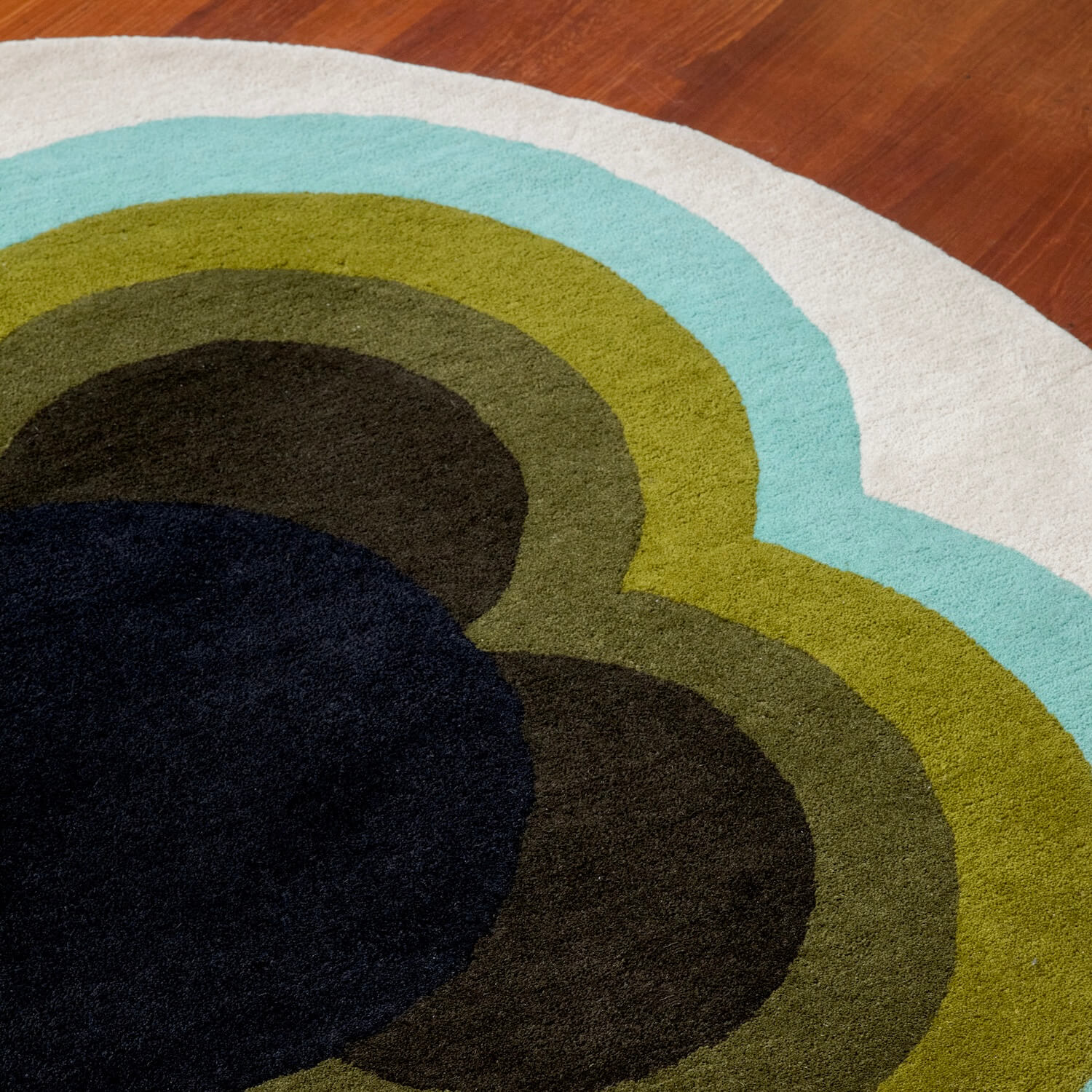 A close up of Orla Kiely's sunflower olive rug