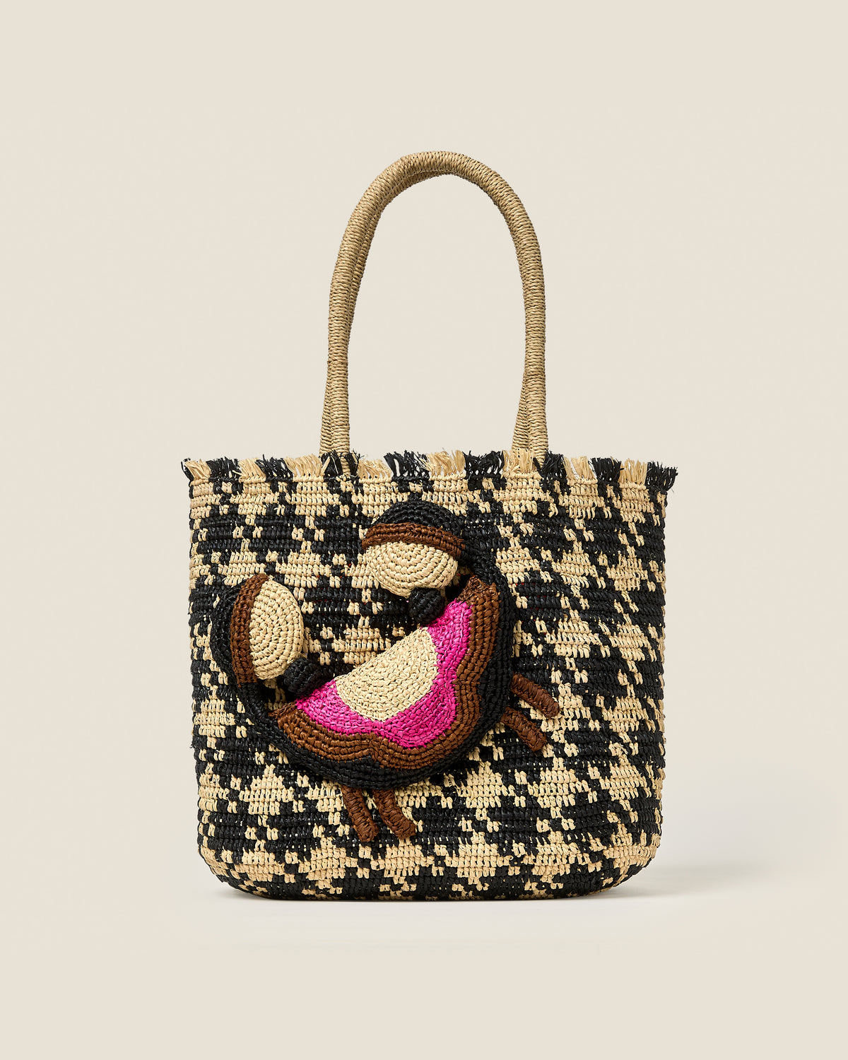 Crab and Houndstooth Raffia Tote Bag - Monochrome