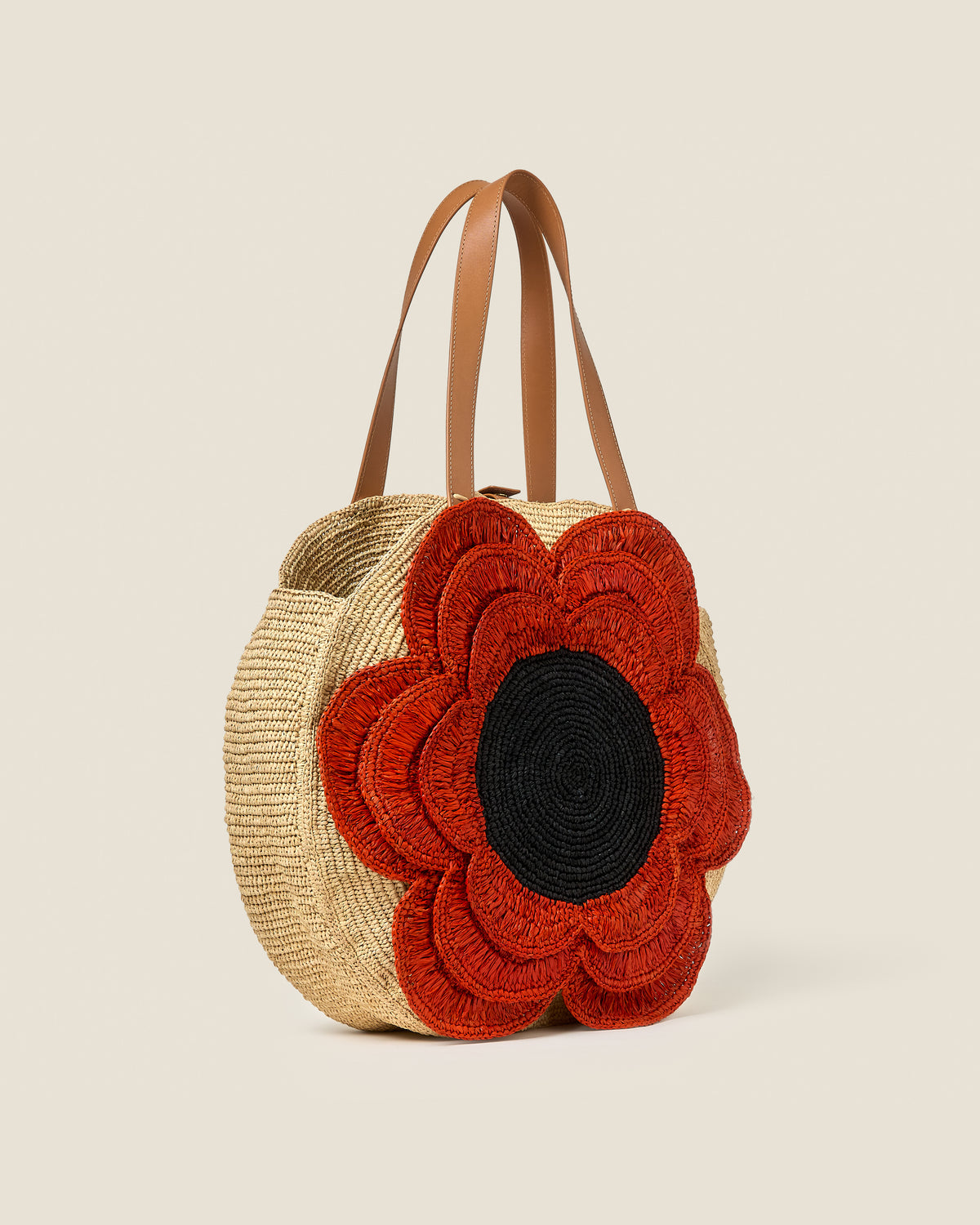 Petal Flower Round Raffia Tote Bag - Clementine