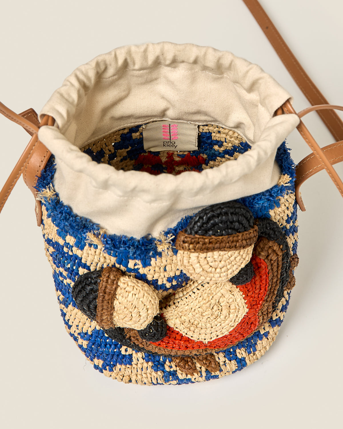 Crab and Houndstooth Raffia Bucket Bag - Sea Blue