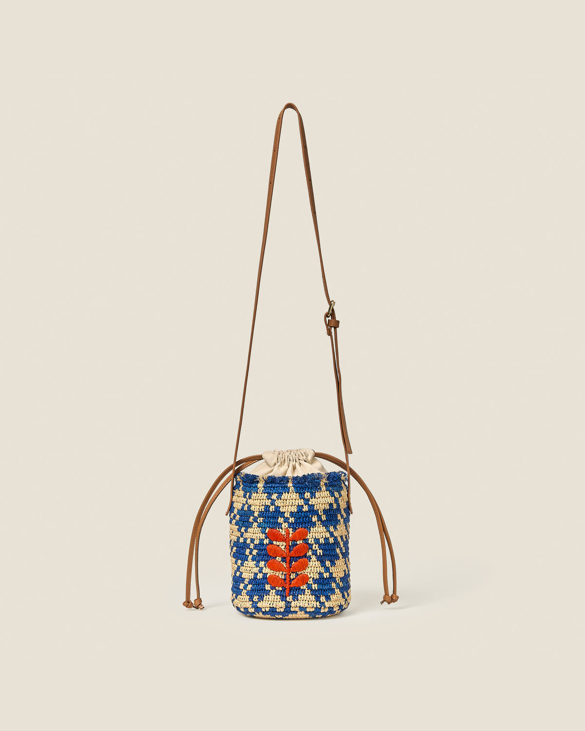 Crab and Houndstooth Raffia Bucket Bag - Sea Blue