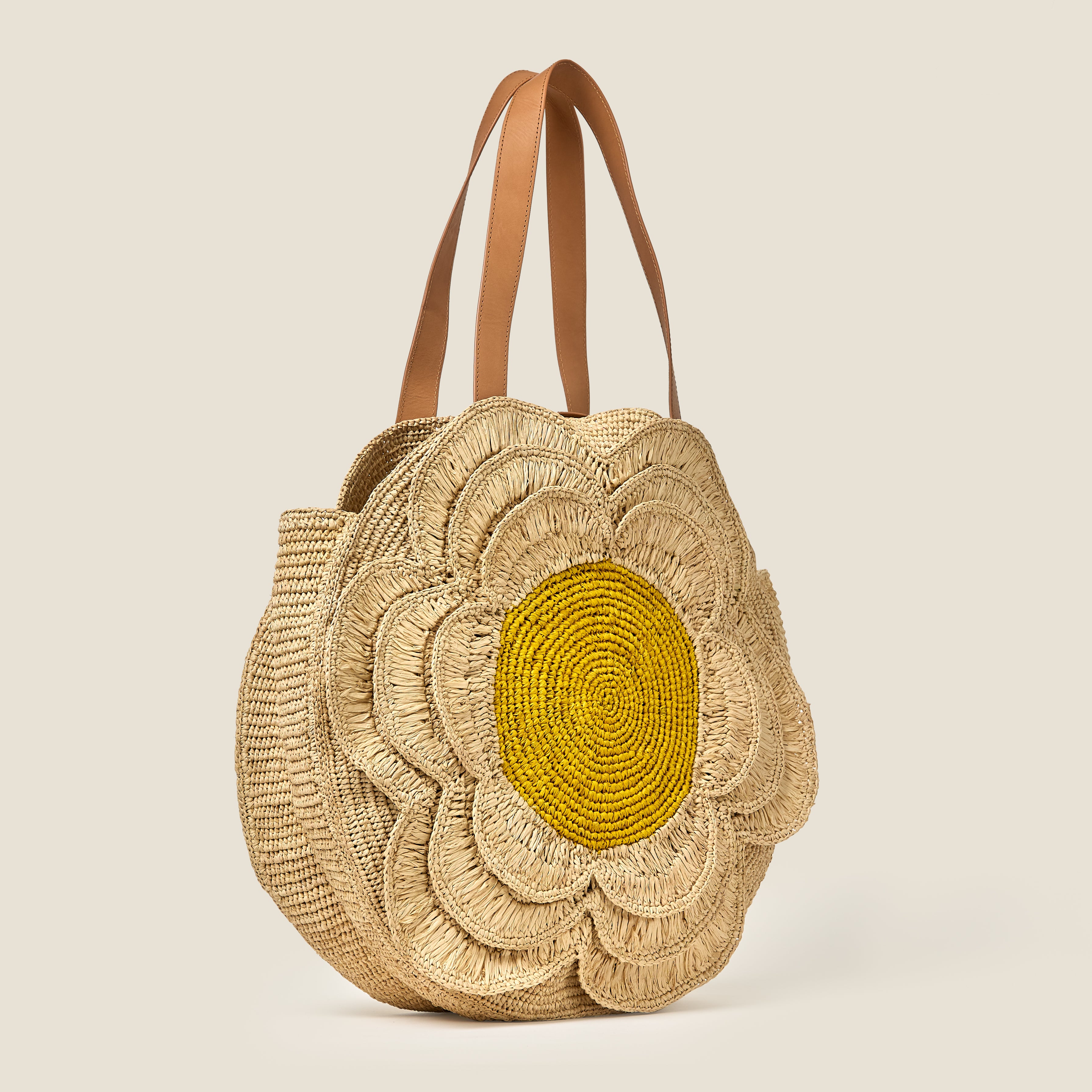 Petal Flower Round Raffia Tote Bag - Natural