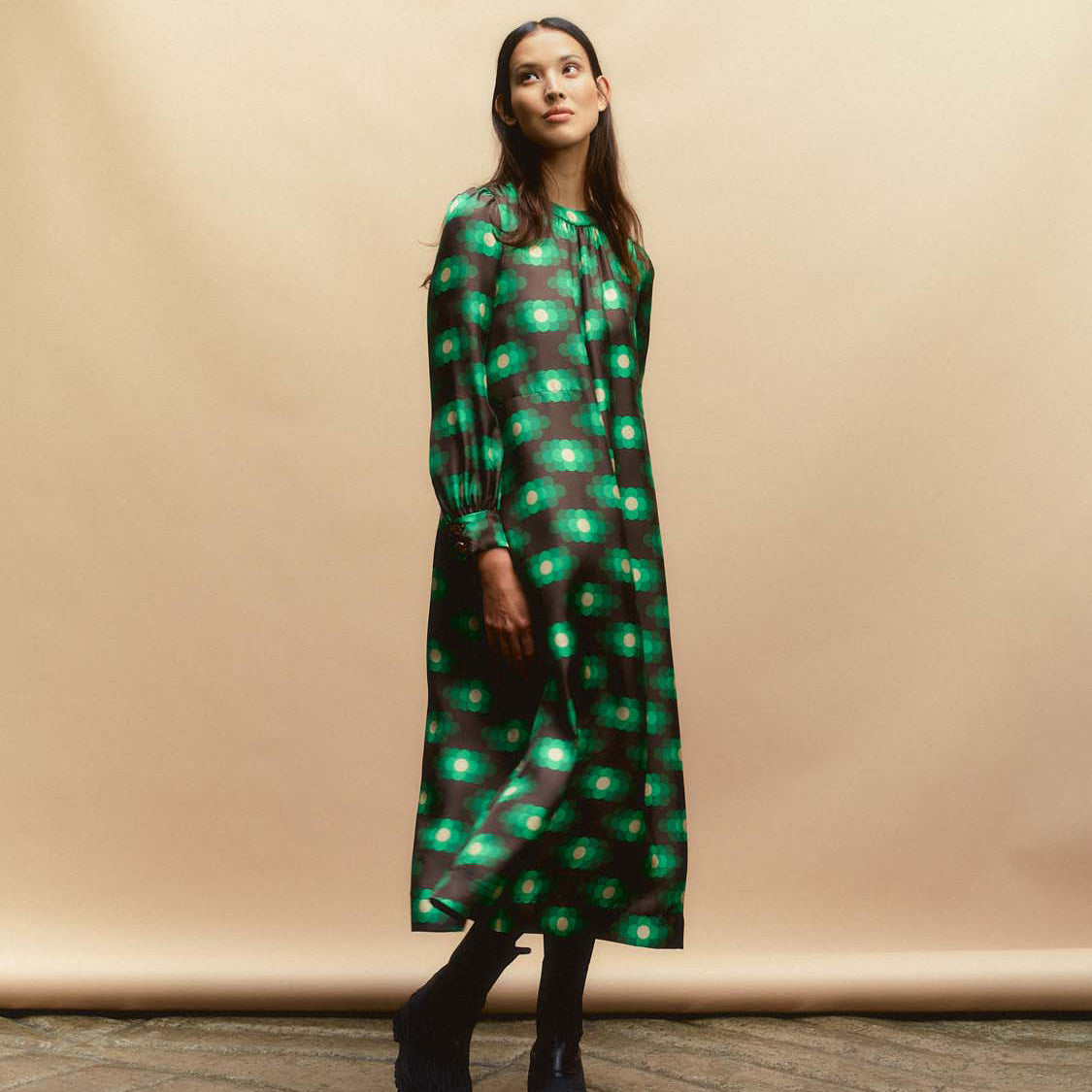 Long Sleeve Midi Silk Dress Flower Haze