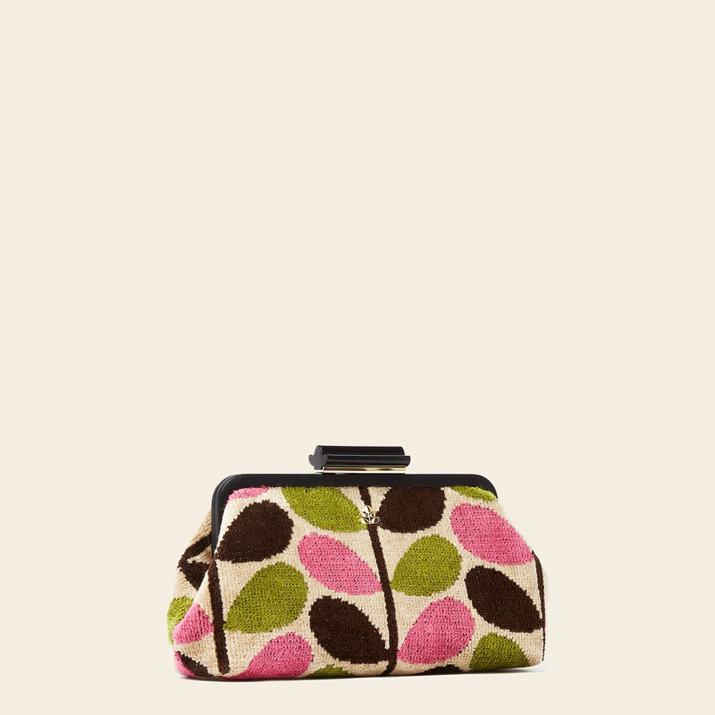 Product Image of Orla Kiely's Jenny D Velvet Clutch Bag in Pink Multi Stem