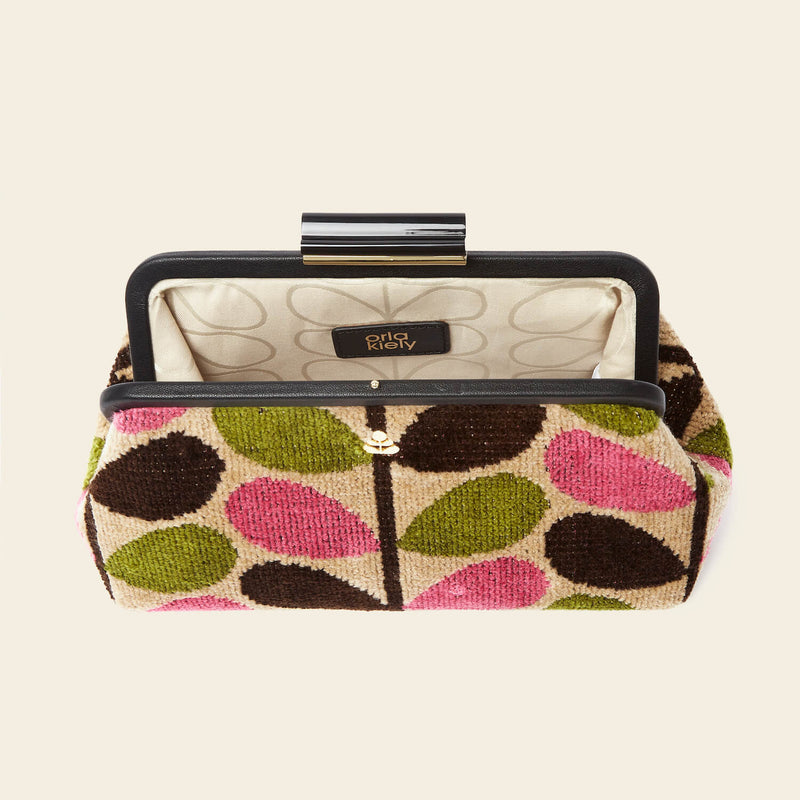 Product Image of Orla Kiely's Jenny D Velvet Clutch Bag in Pink Multi Stem