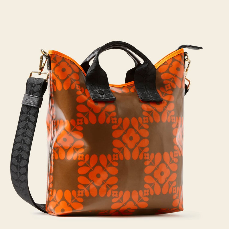 Carry Grab Bucket Bag in Lattice Flower Tile Conker pattern by Orla Kiely