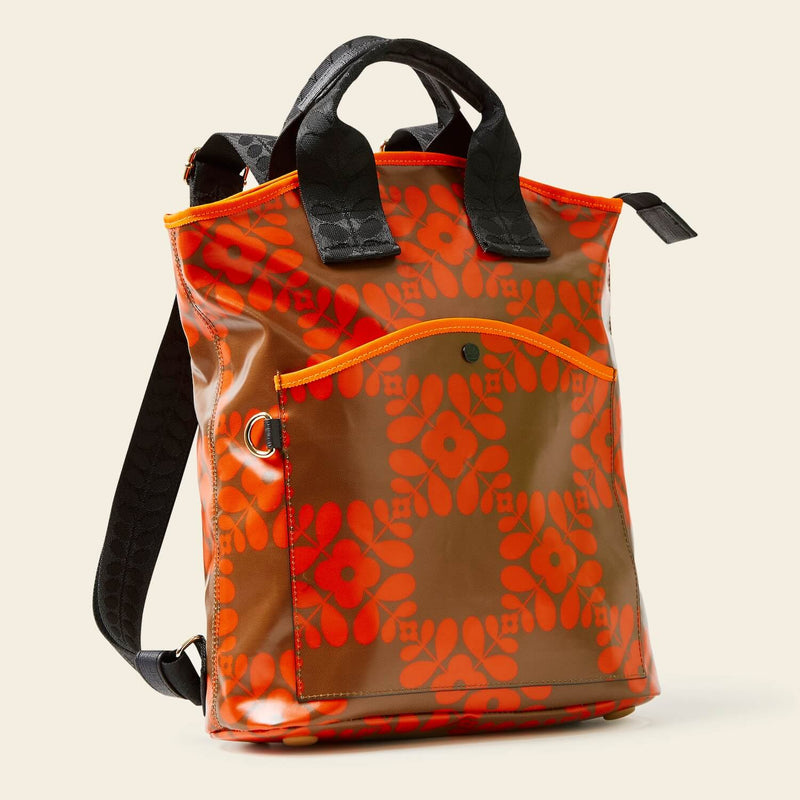 Carry Backpack in Lattice Flower Tile Conker pattern by Orla Kiely