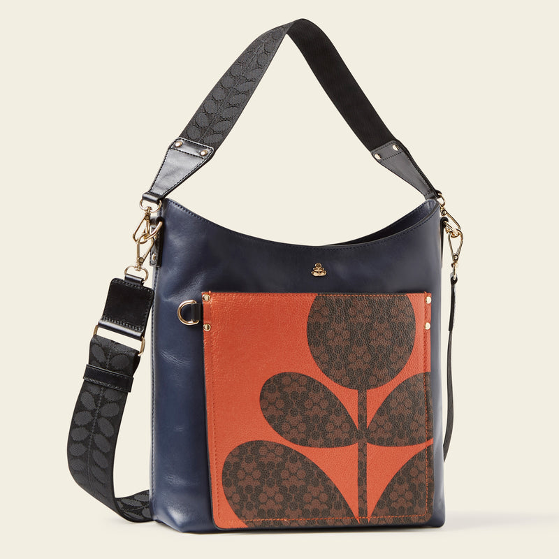 Carrymax Bucket Bag in Navy Puzzle Flower pattern by Orla Kiely