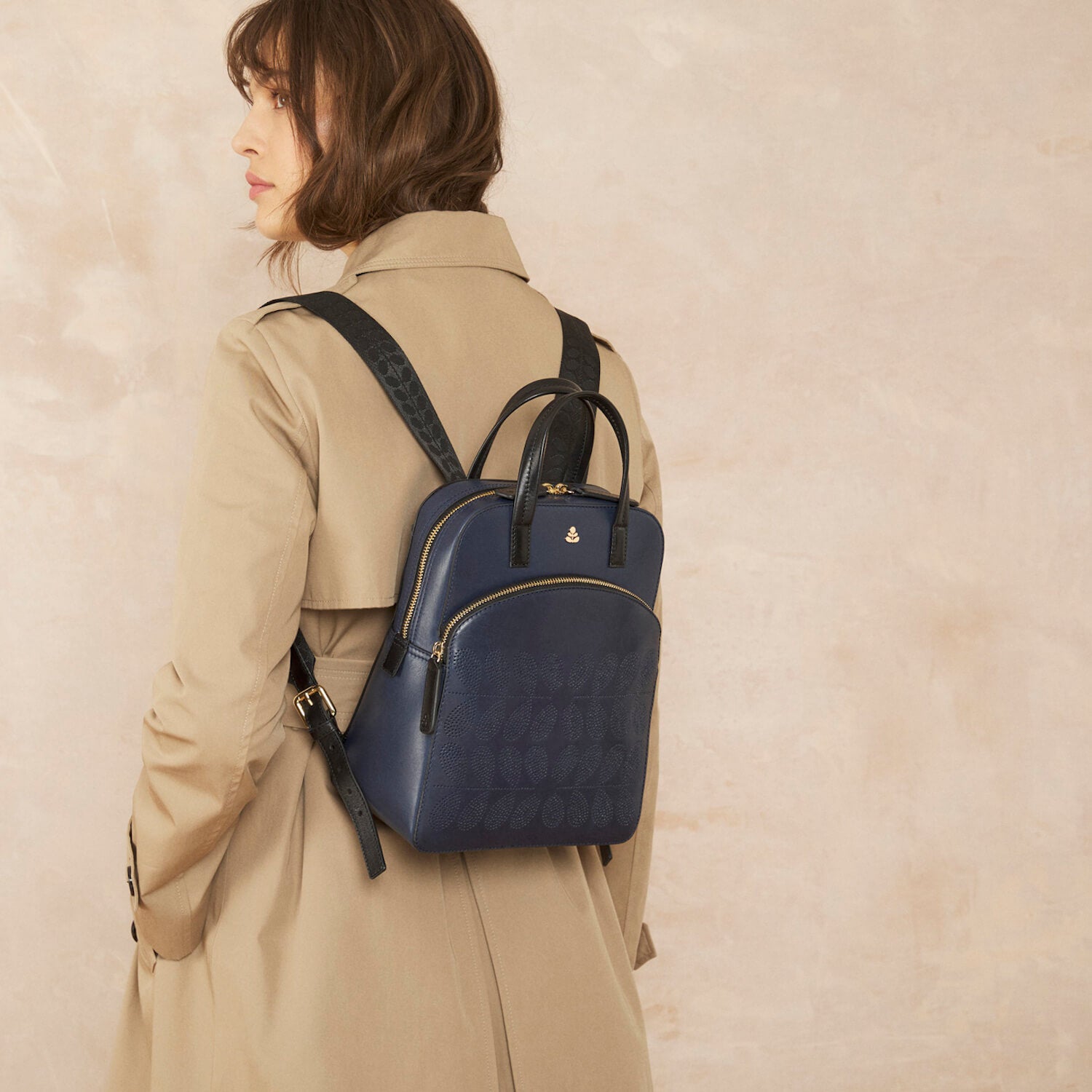 Emilia Backpack For Women Navy Blue Punched Flower Orla Kiely