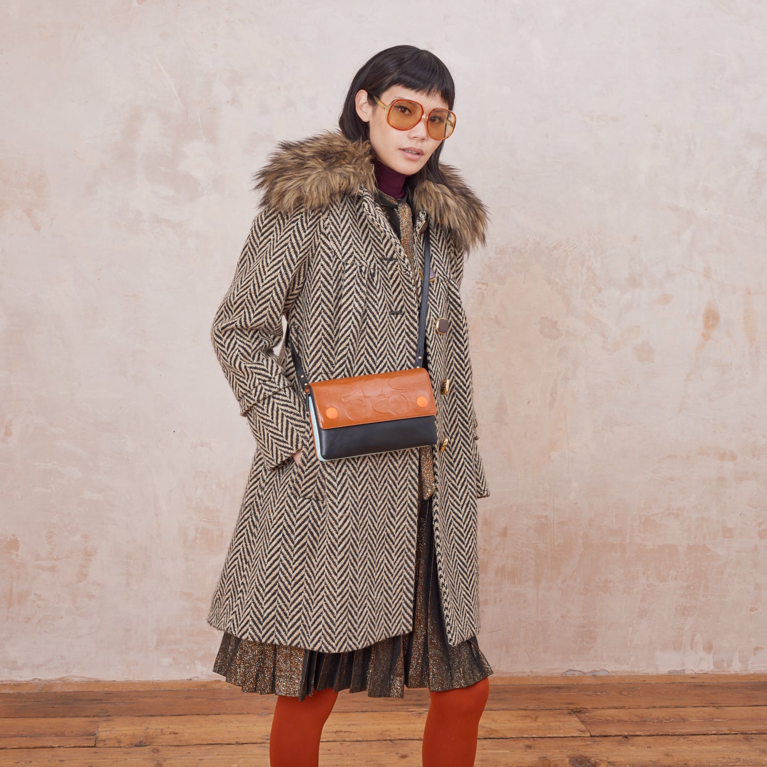 Flap Folio Leather Crossbody Bag - OK Colourblock Sienna