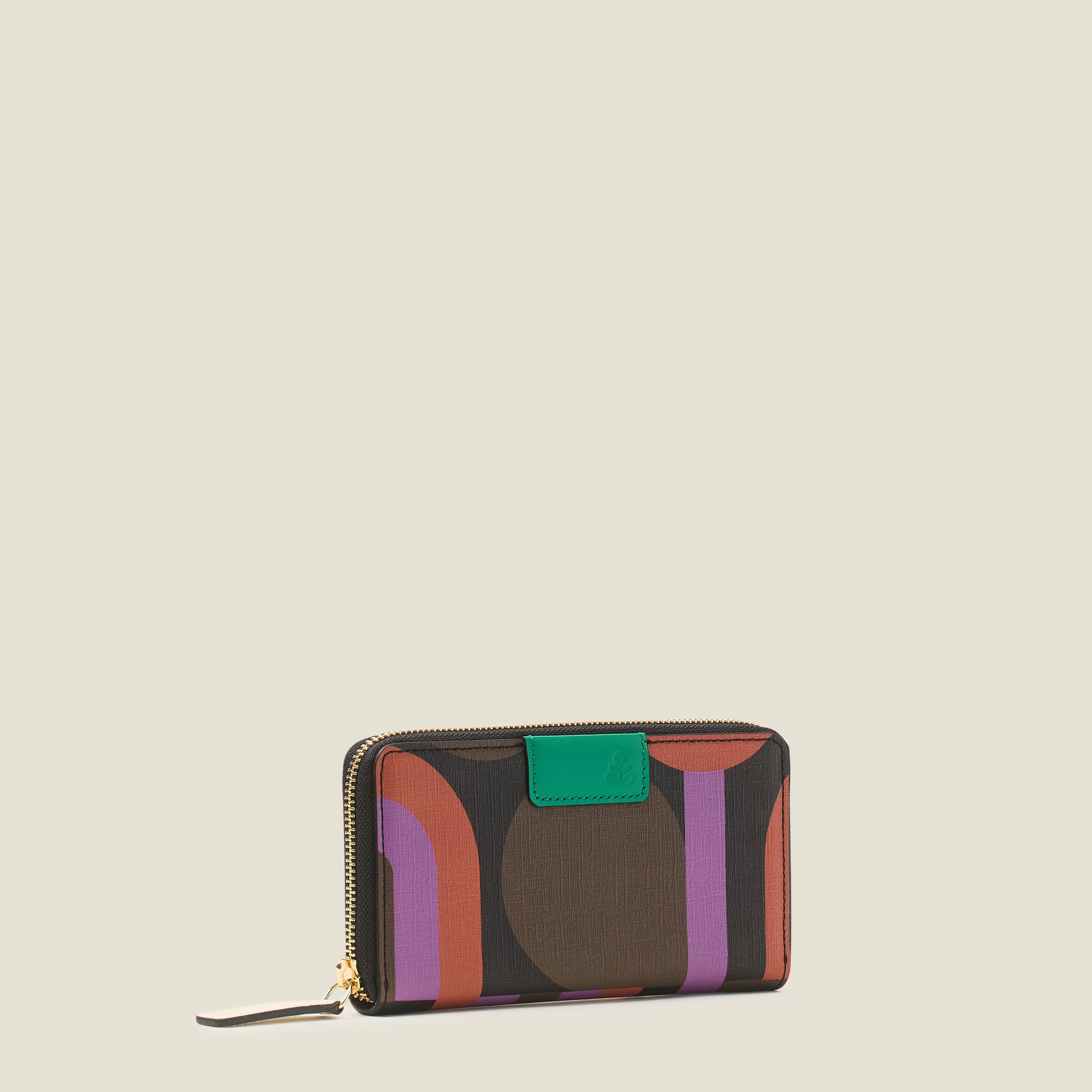 Side view Forget Me Not Wallet in purple circle line print, a women’s wallet with 12 card slots, coin pouch and textured bark cloth finish.