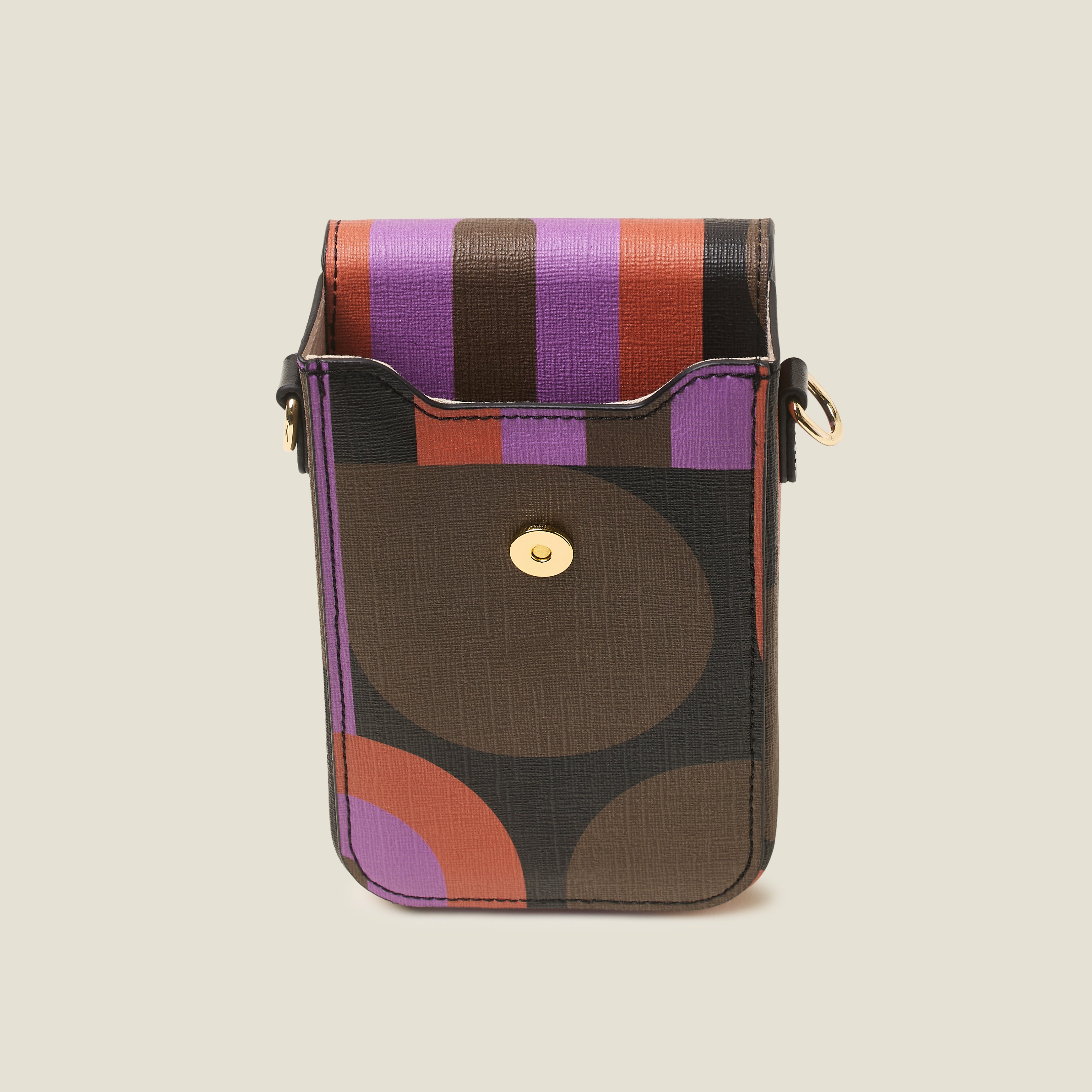 Front view of a purple patterned phone pouch or bag with the flap open to reveal a gold magnetic clasp.
