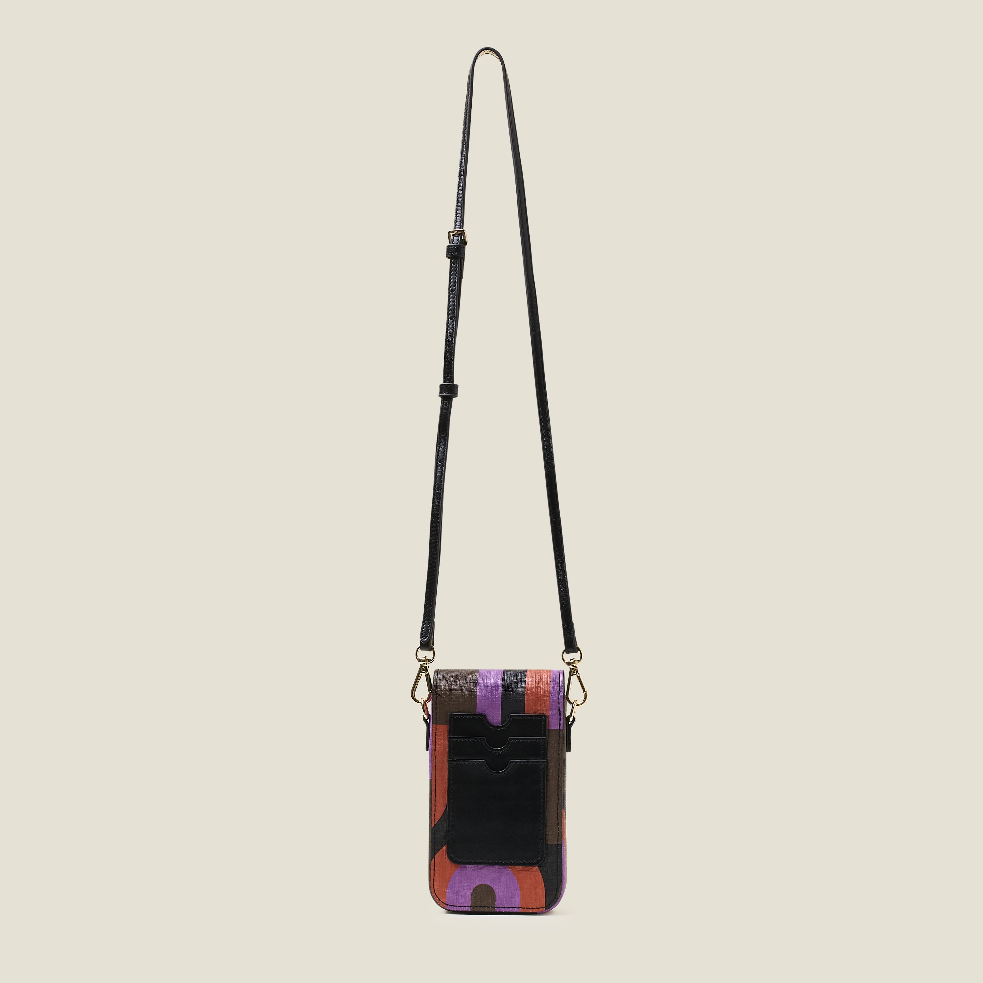 Back view of a purple patterned phone pouch or bag with a crossbody strap  three card slot details.