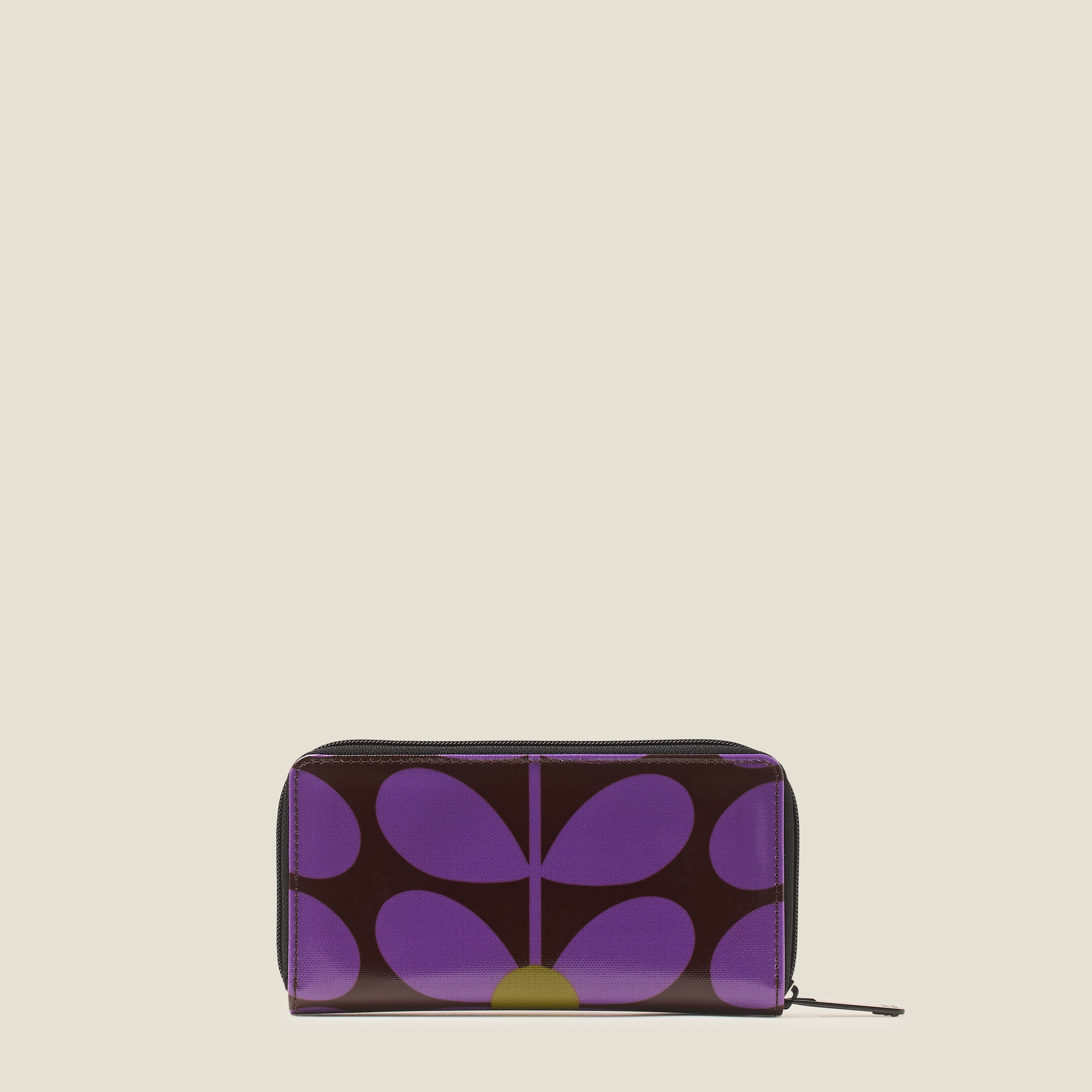 Front view of a retro print Forget Me Not Wallet in purple and brown with zip closure.
