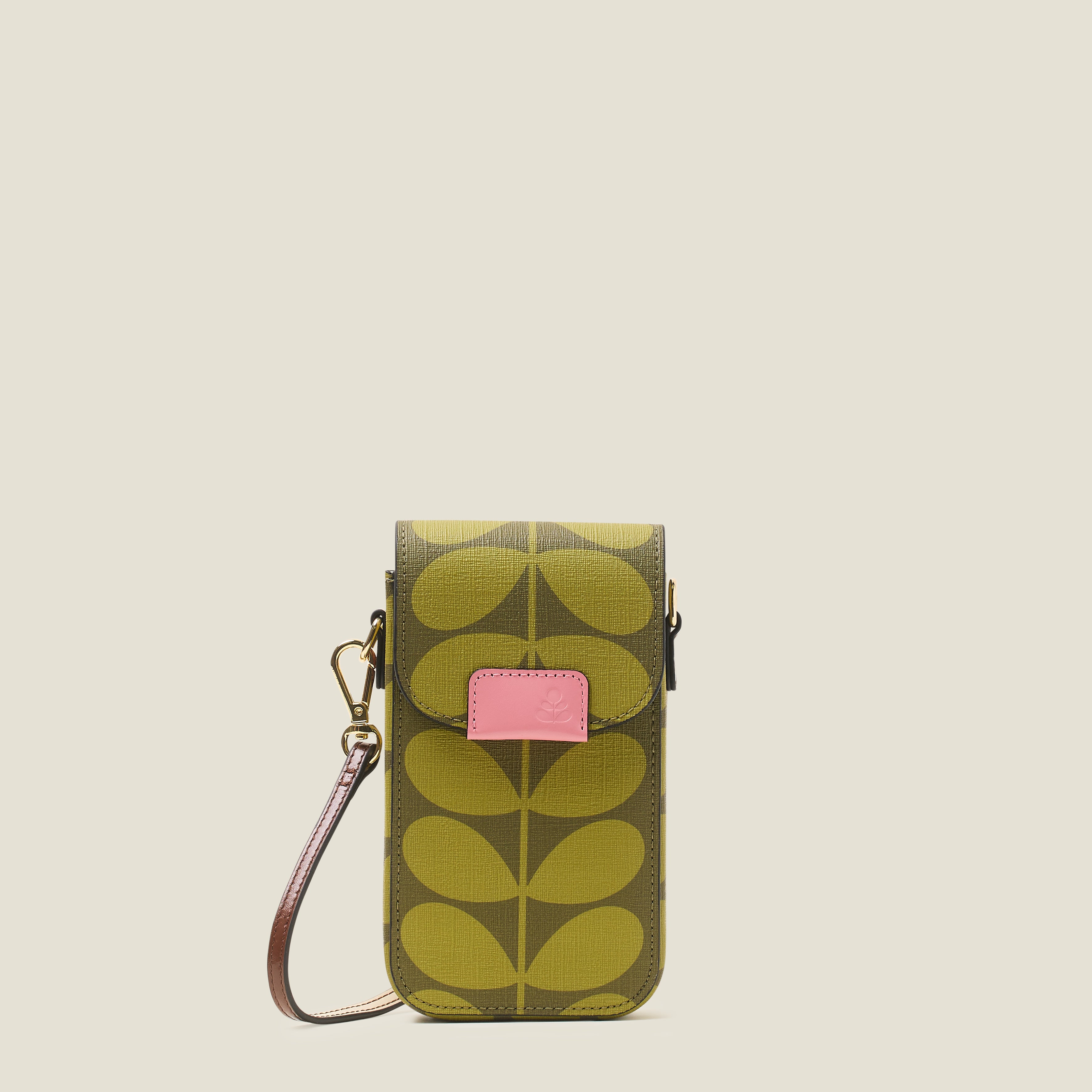 Front view of a green stem pattern phone case with a pink branded trim and crossbody strap on a beige background