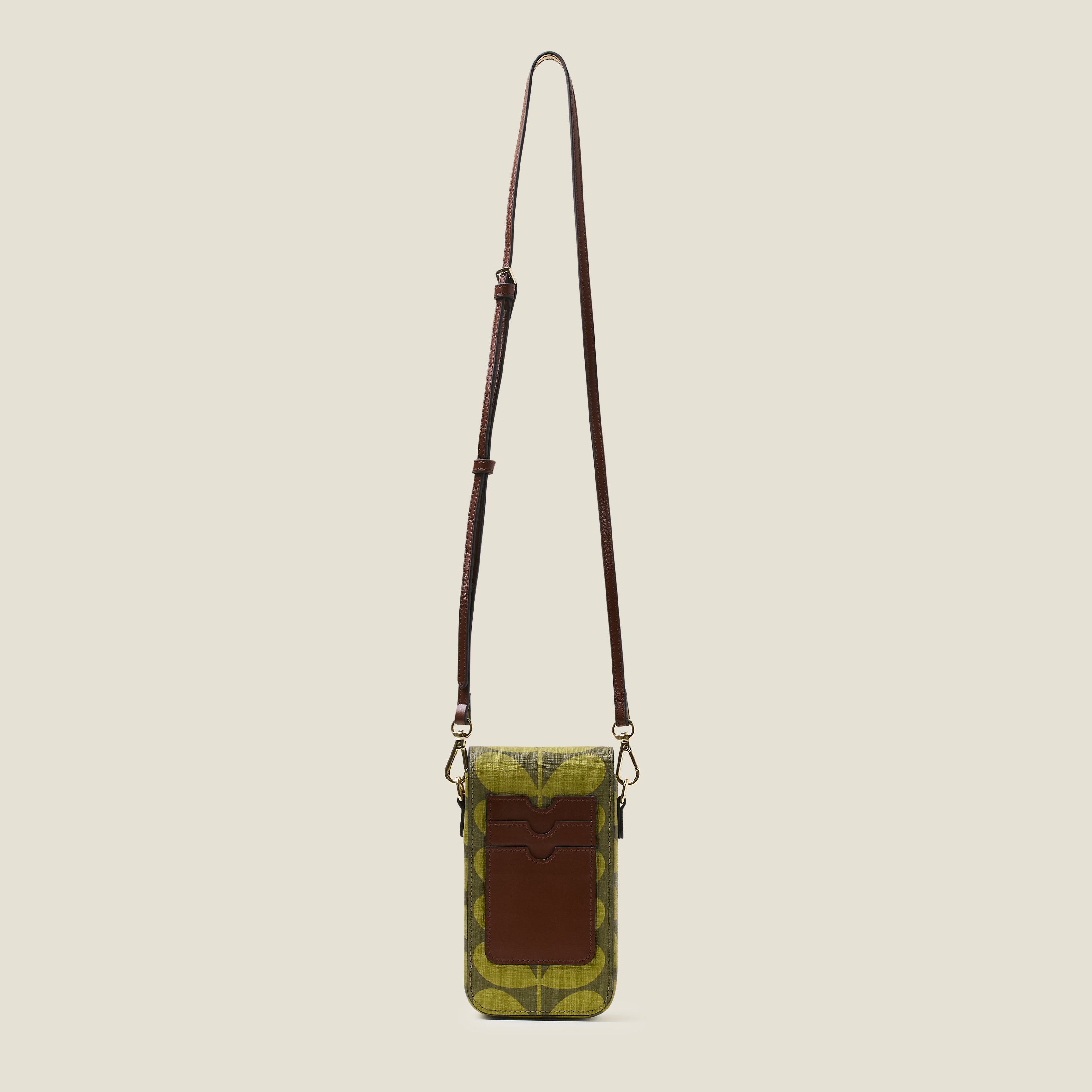Back view of a green stem pattern phone case with crossbody strap and three card slots in brown leather on a beige background