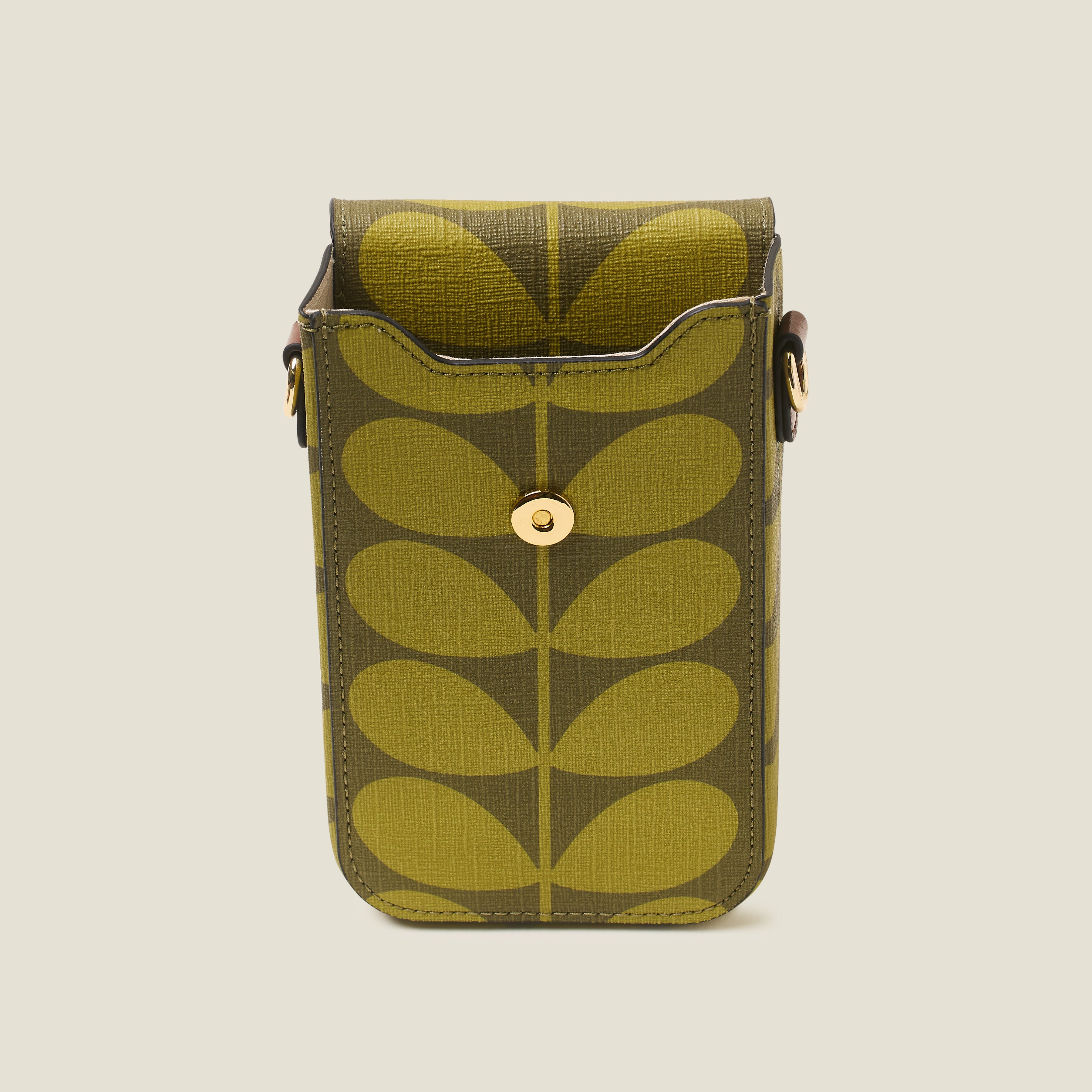 Front and open view of a green stem pattern phone case with a magnetic gold clasp on a beige background