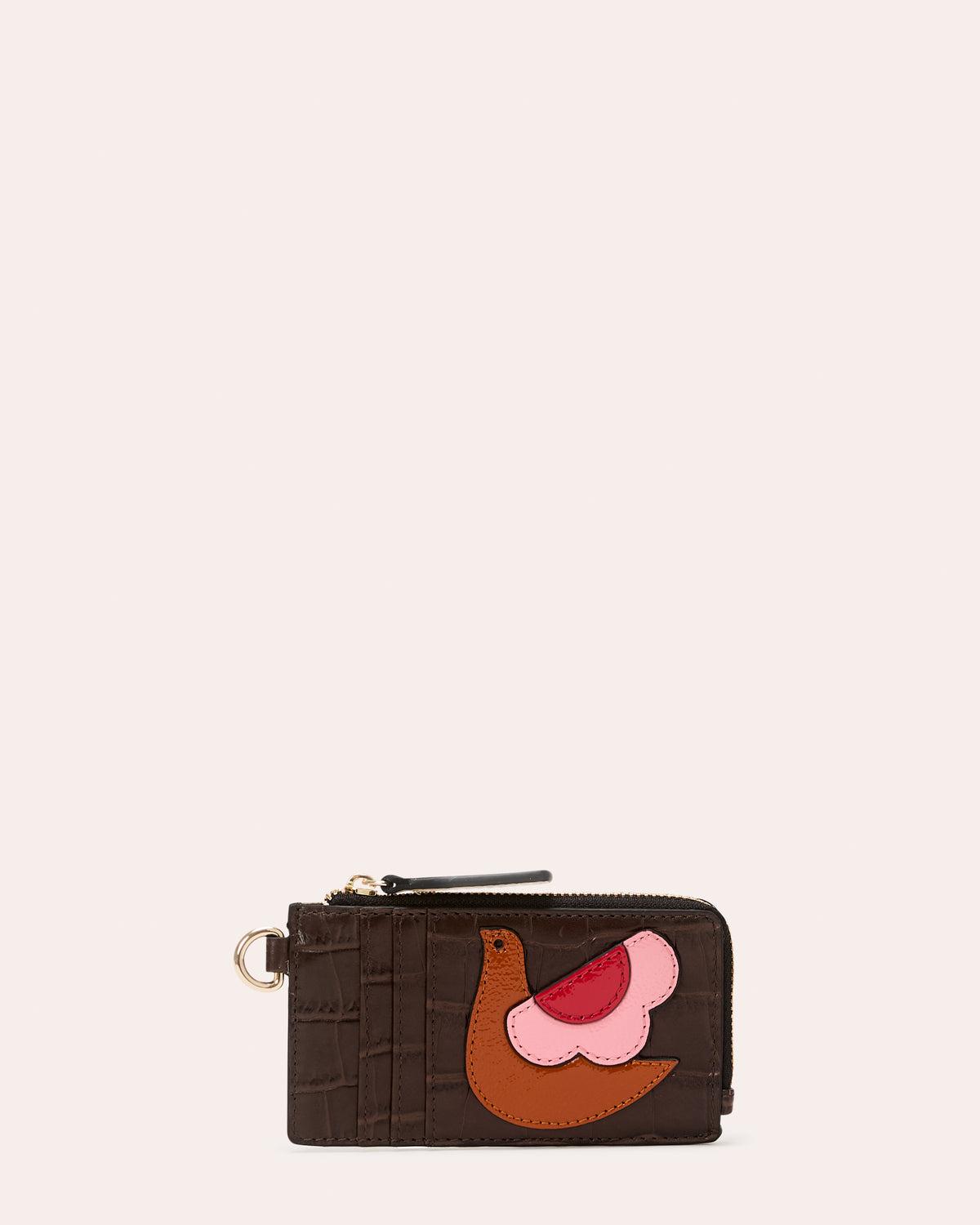 Frieda Leather Card Purse - Birdie Applique Chocolate Croc
