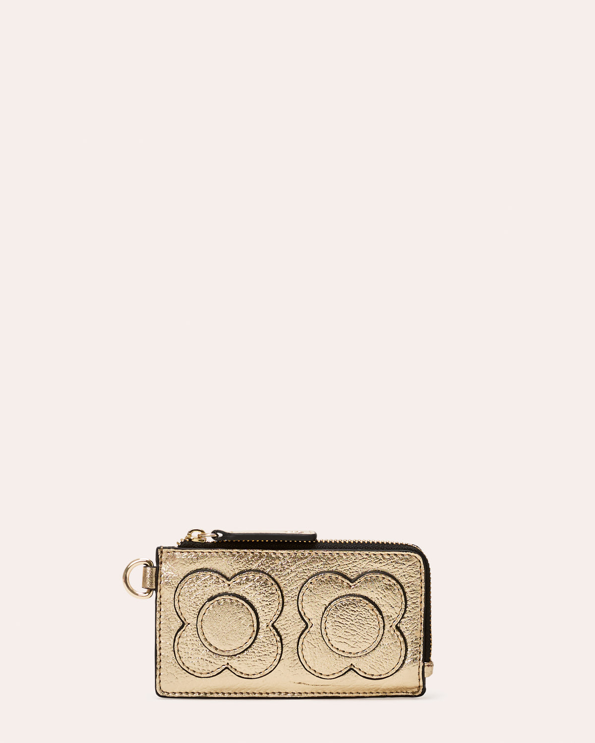 Frieda Leather Card Purse - Flower Applique Gold Metallic Leather