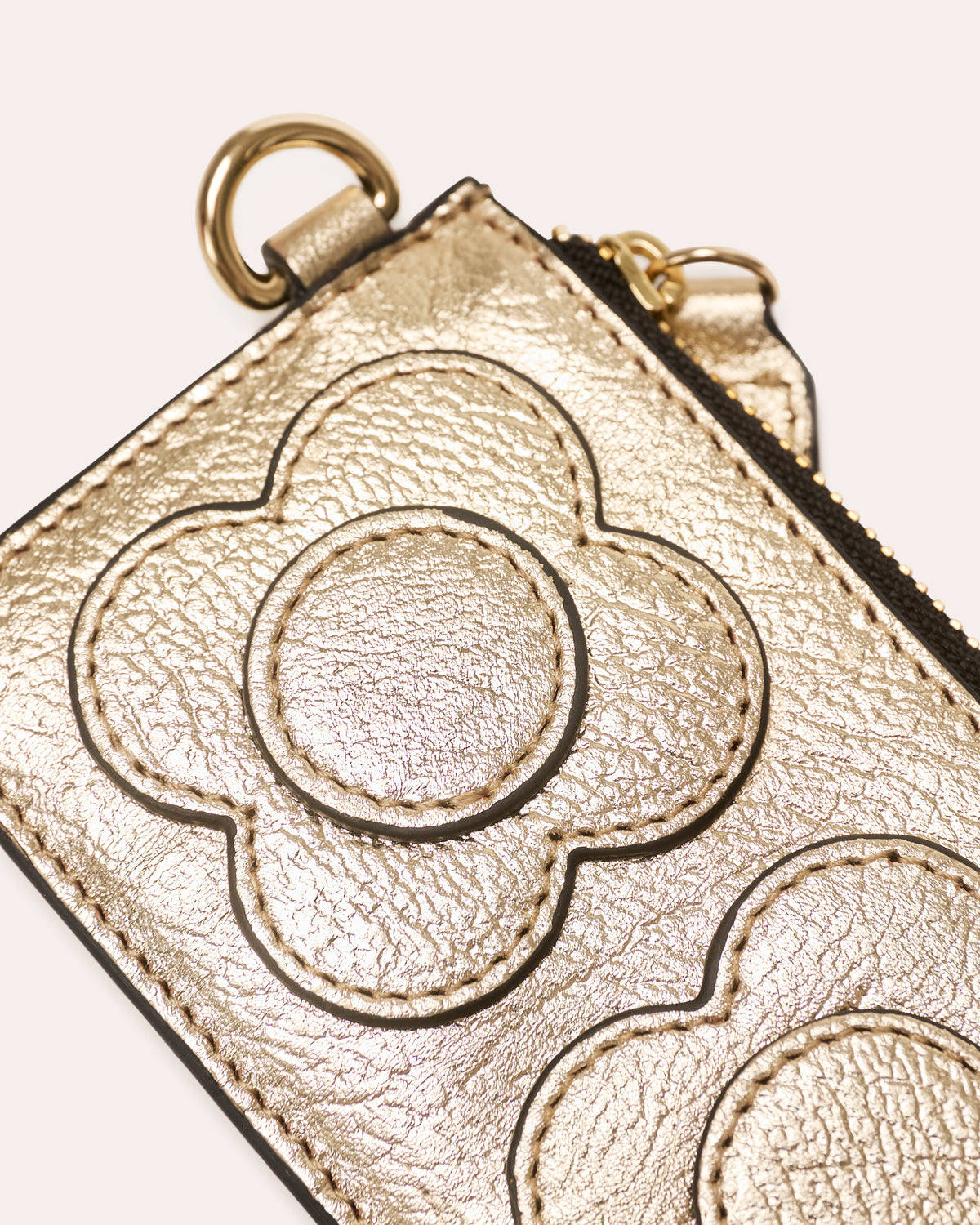 Frieda Leather Card Purse - Flower Applique Gold Metallic Leather