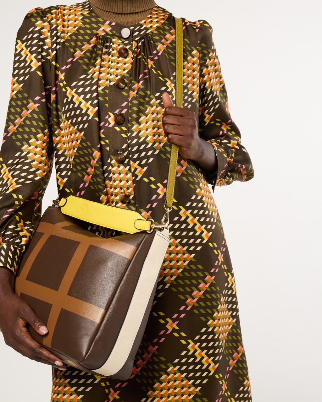 Large Softie Leather Shoulder Bag - OK Grid Chocolate