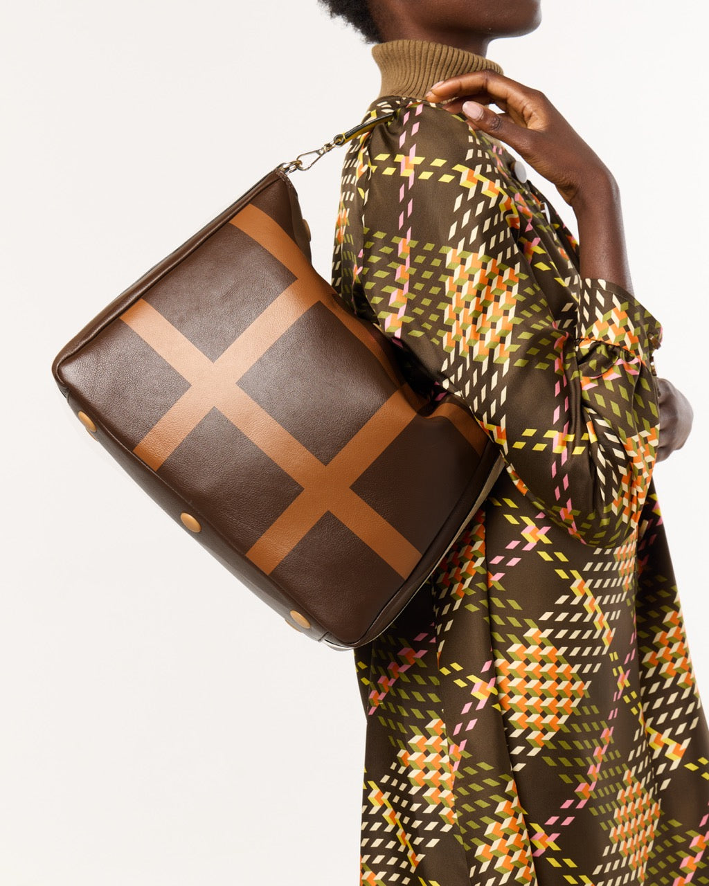 Large Softie Leather Shoulder Bag - OK Grid Chocolate