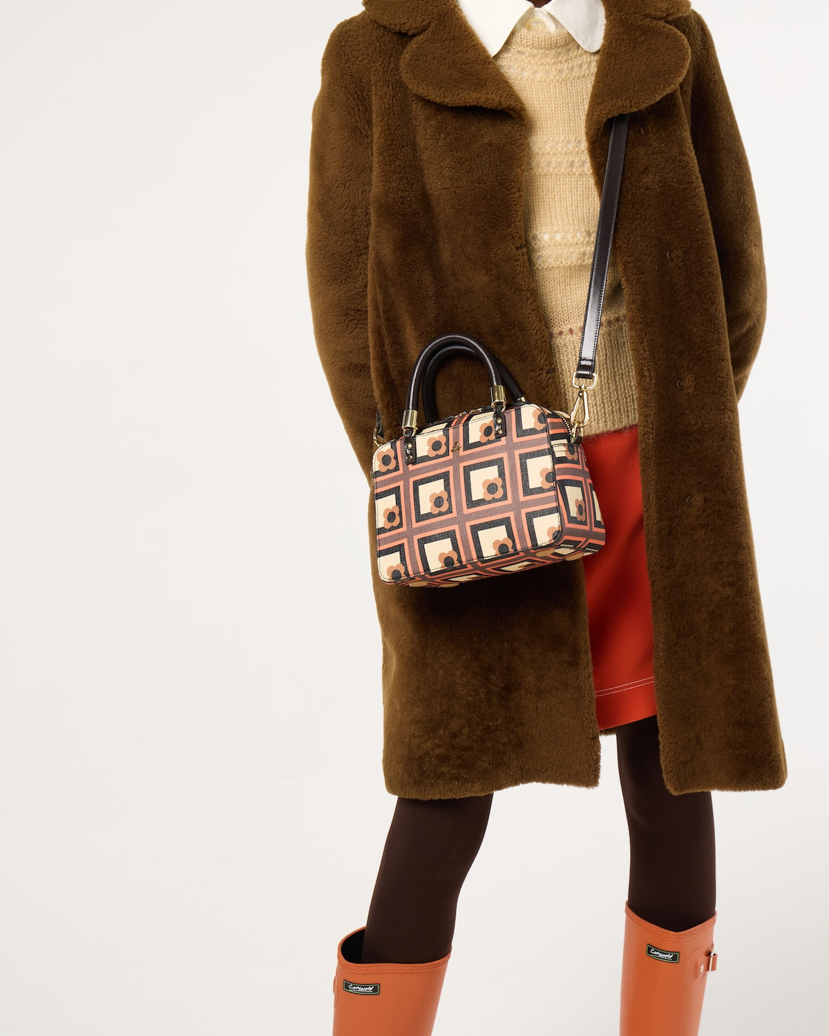 Mini Block Handbag - Retro Flower Check Orange
