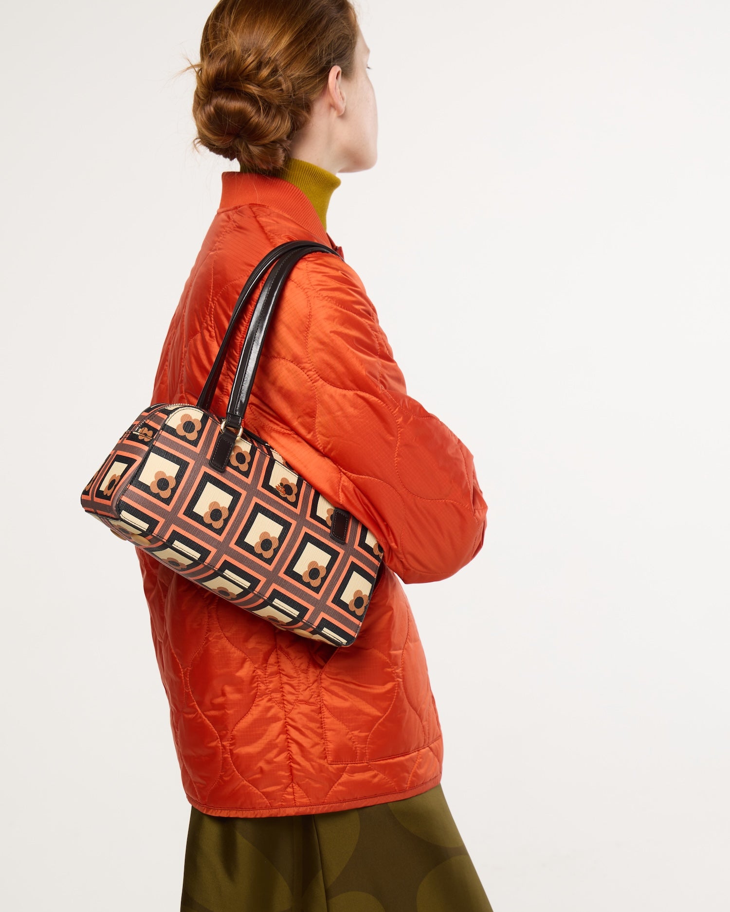 Long Block Bowling Bag - Retro Flower Check Orange